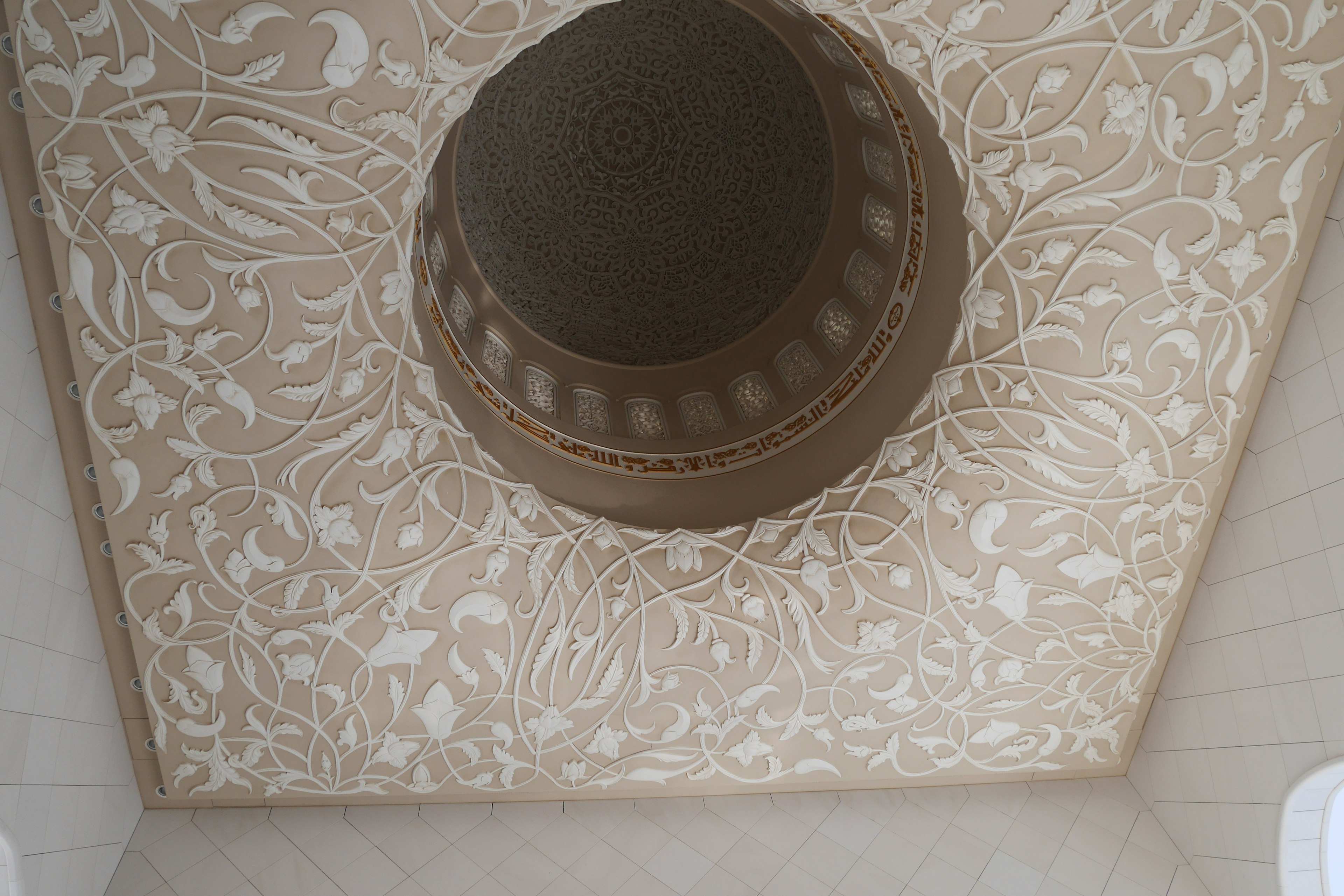 Design de plafond décoratif avec des motifs floraux complexes et un lustre central