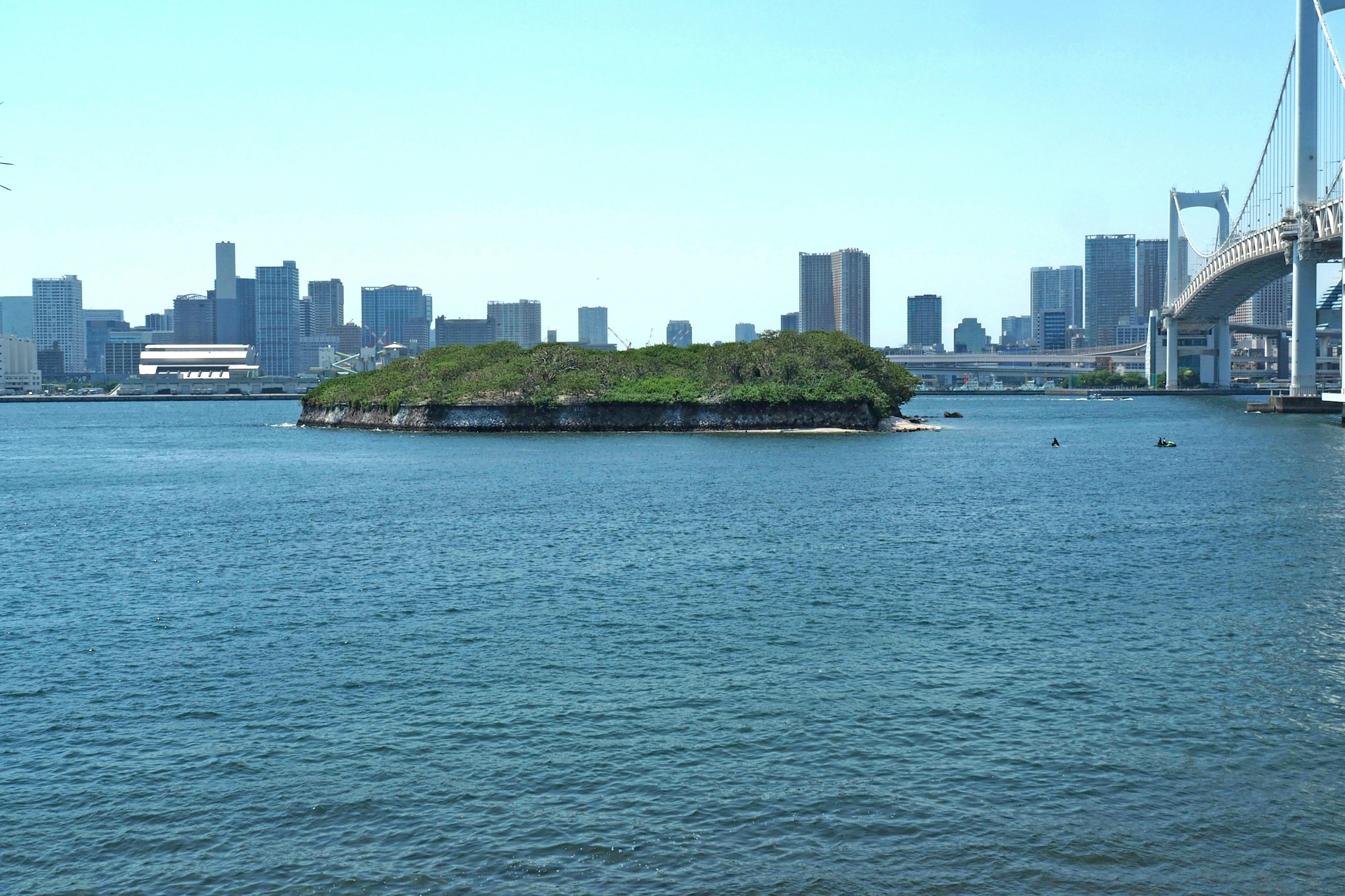 Vista di una piccola isola verde e dello skyline cittadino nella baia di Tokyo