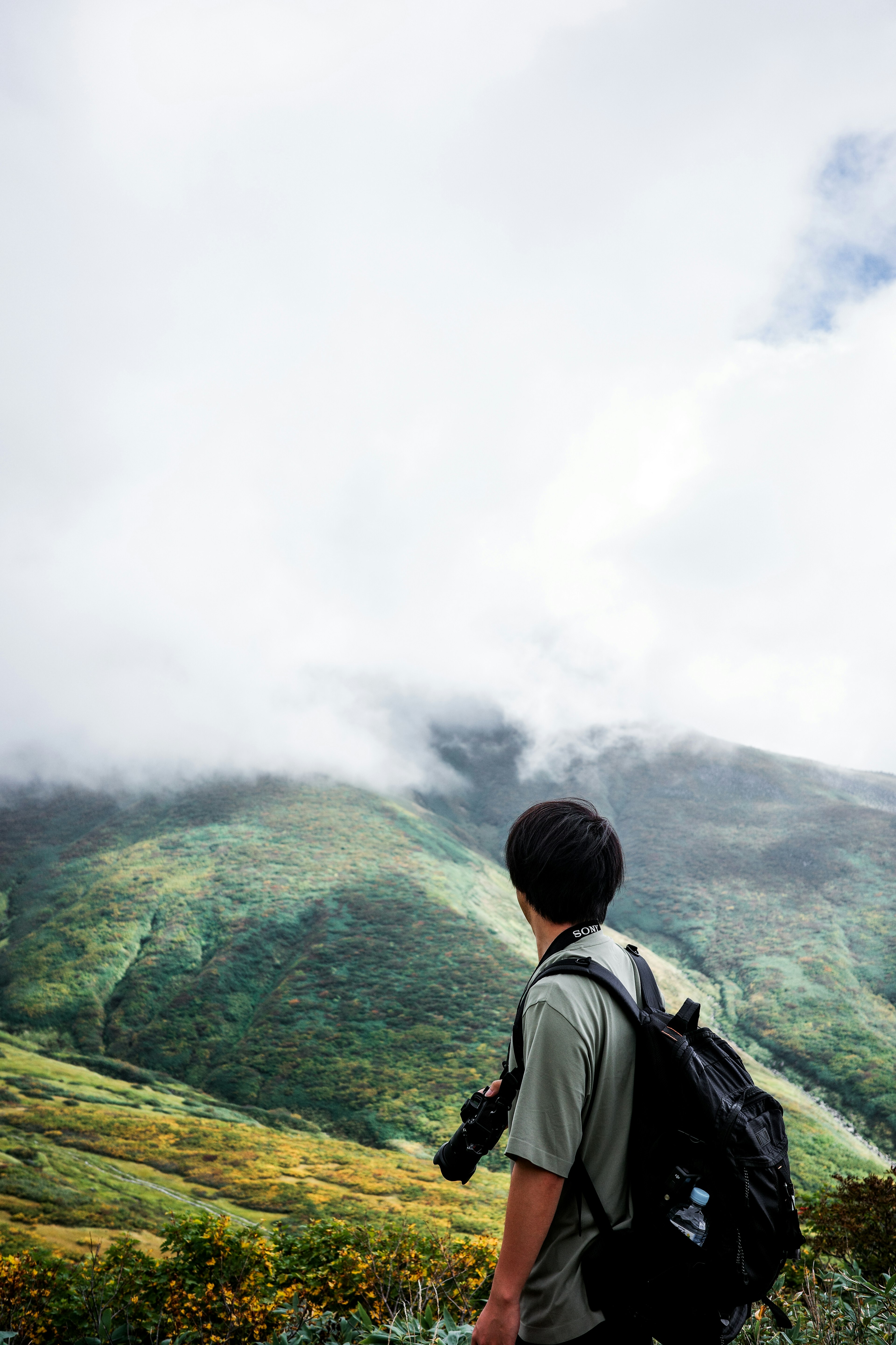 Man gazing at mountain landscape covered in clouds lush green meadows