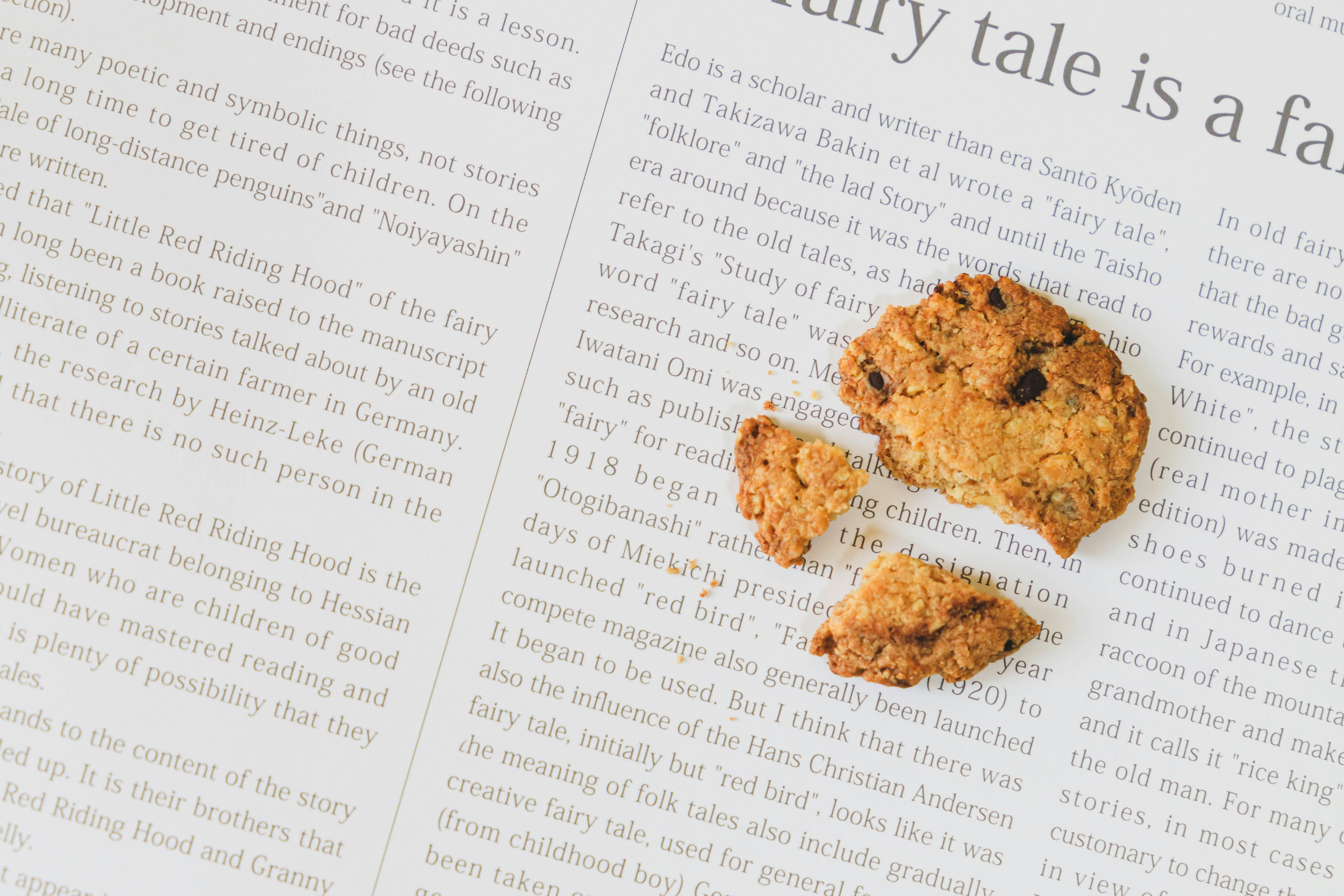 Pieces of chocolate chip cookie on newspaper