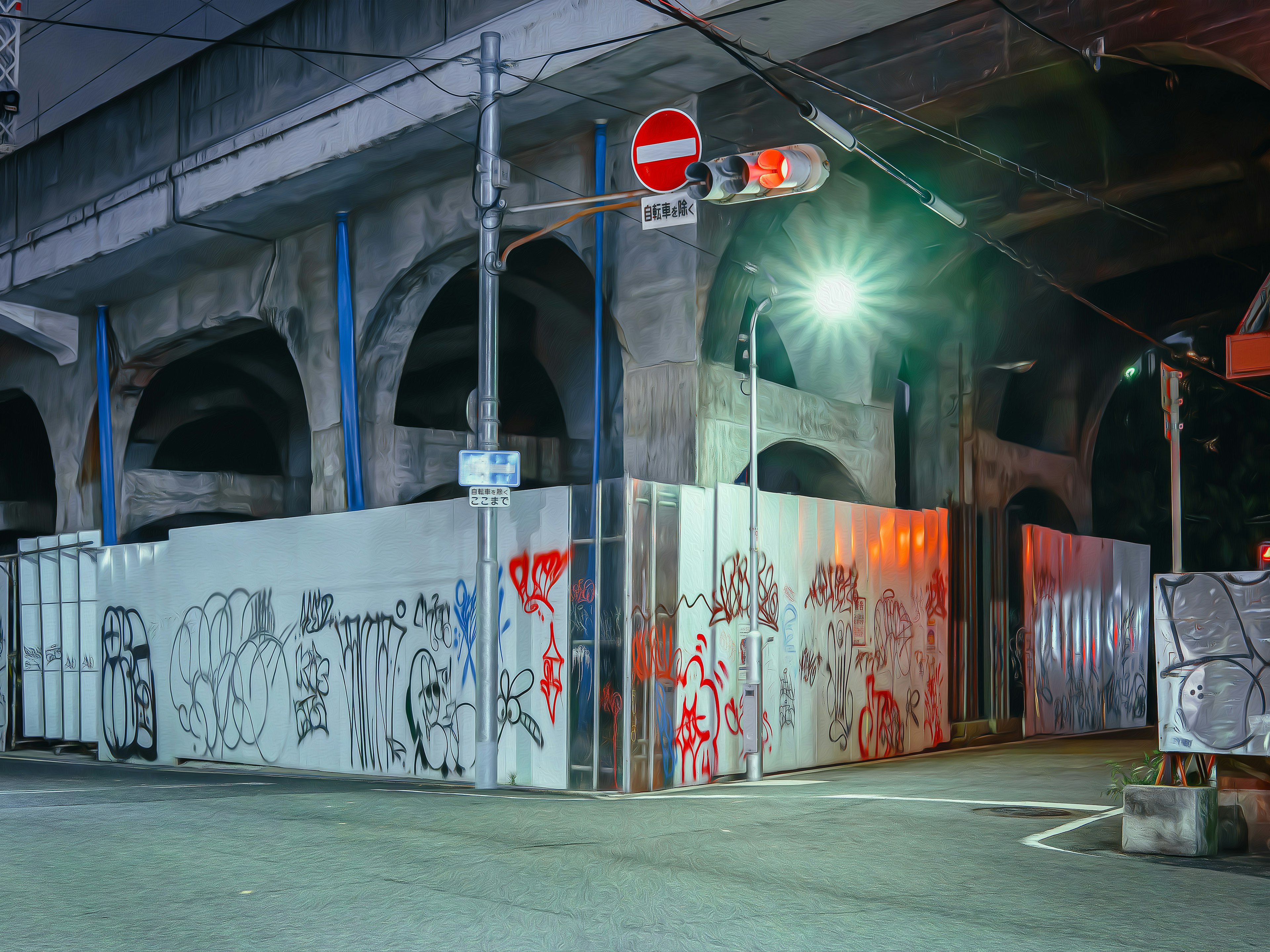 Graffiti-covered fence and traffic lights at a street corner at night