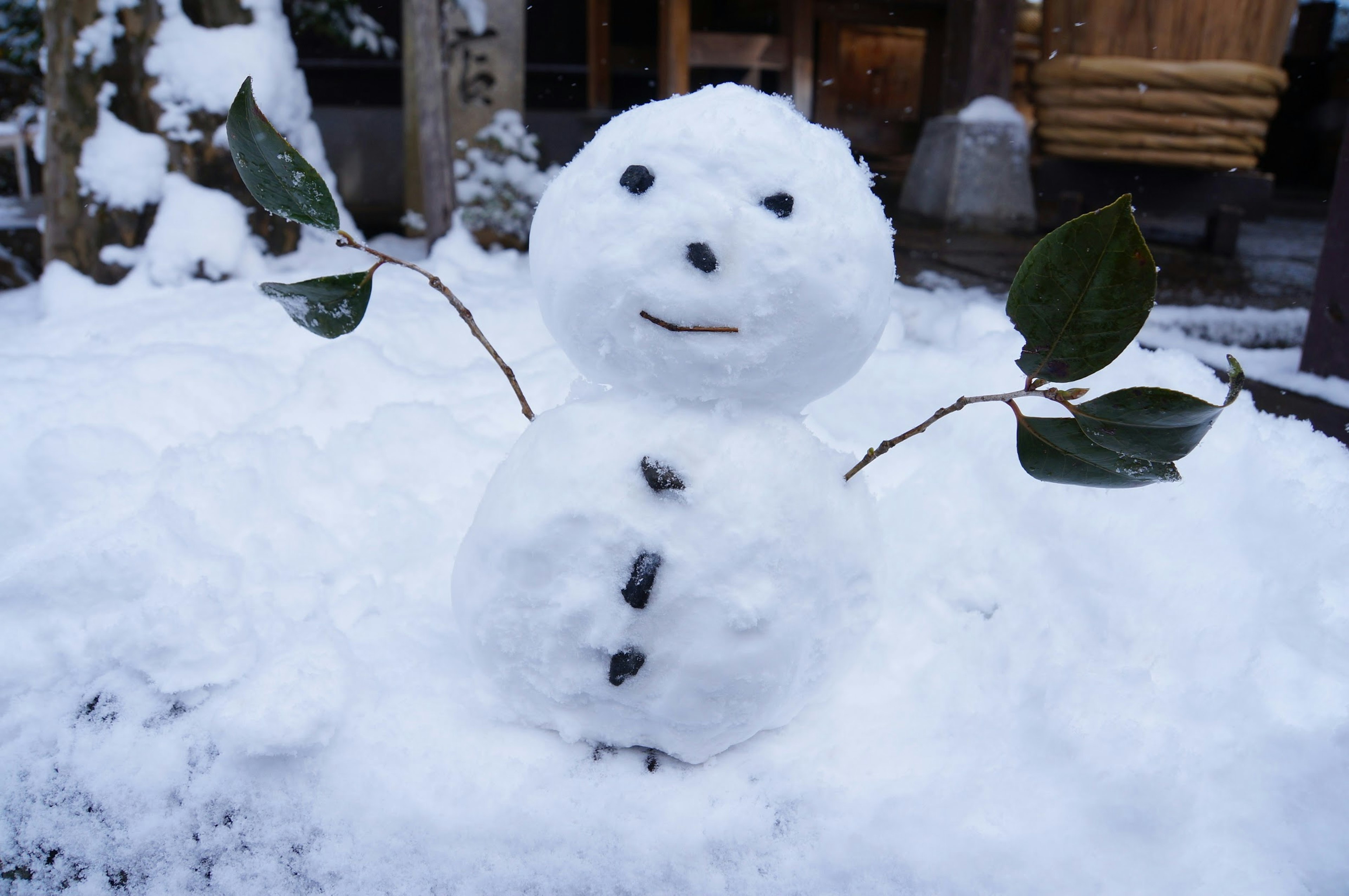 Ein niedlicher Schneemann aus Schnee mit Blättern