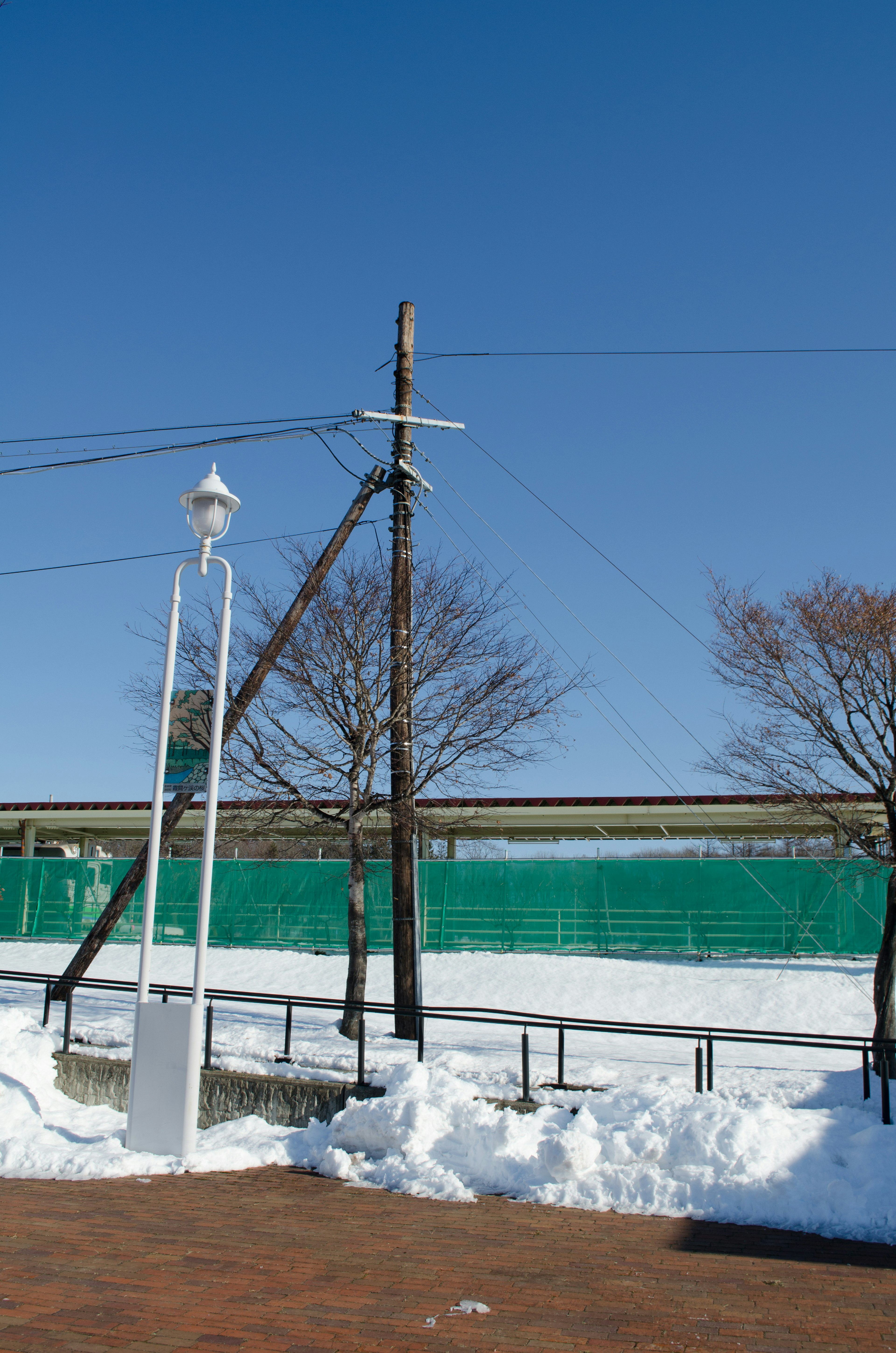 Schneebedeckte Landschaft mit einem Strommast und einer Straßenlaterne unter blauem Himmel