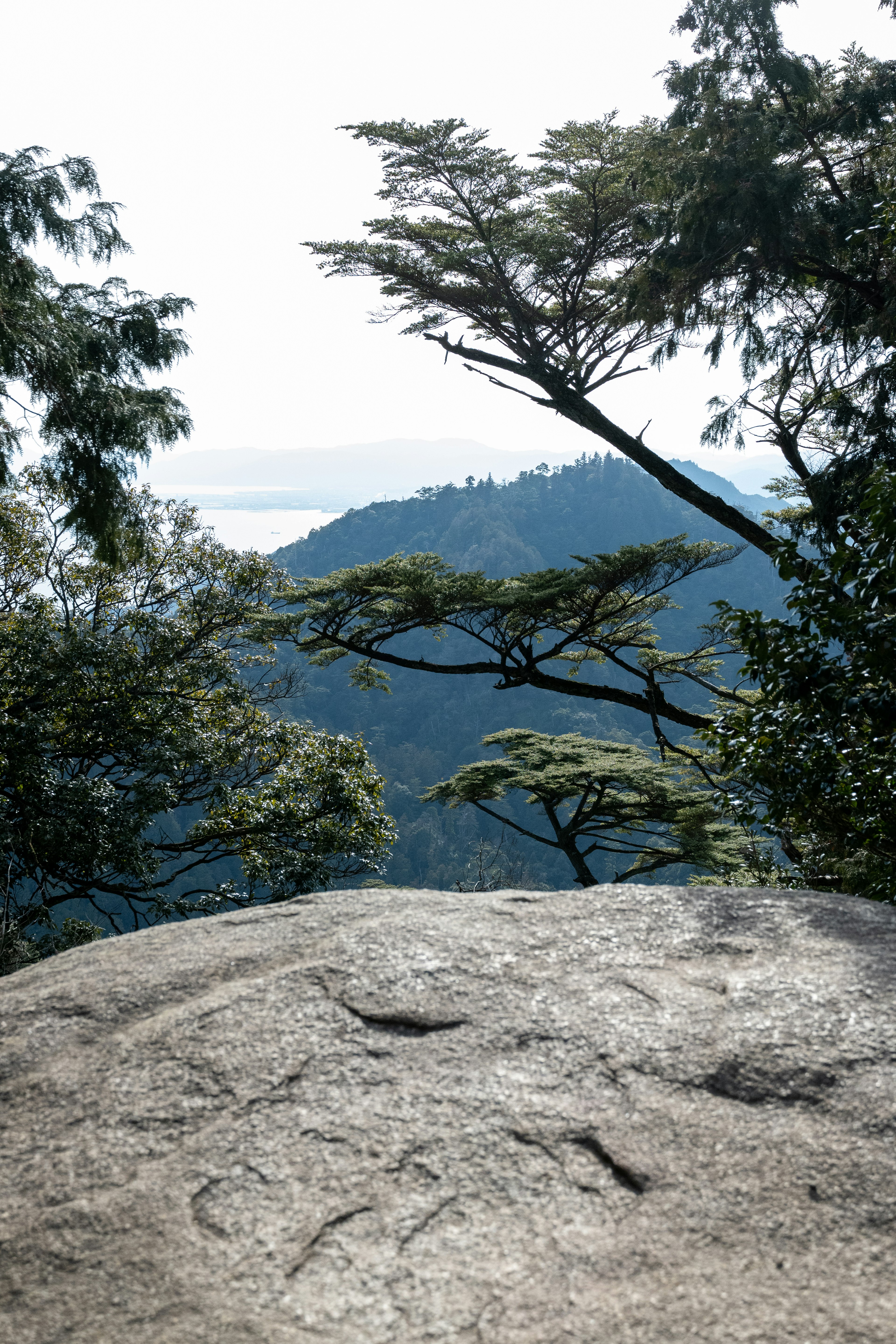 Antike Schnitzereien auf einem Felsen mit Bergen im Hintergrund