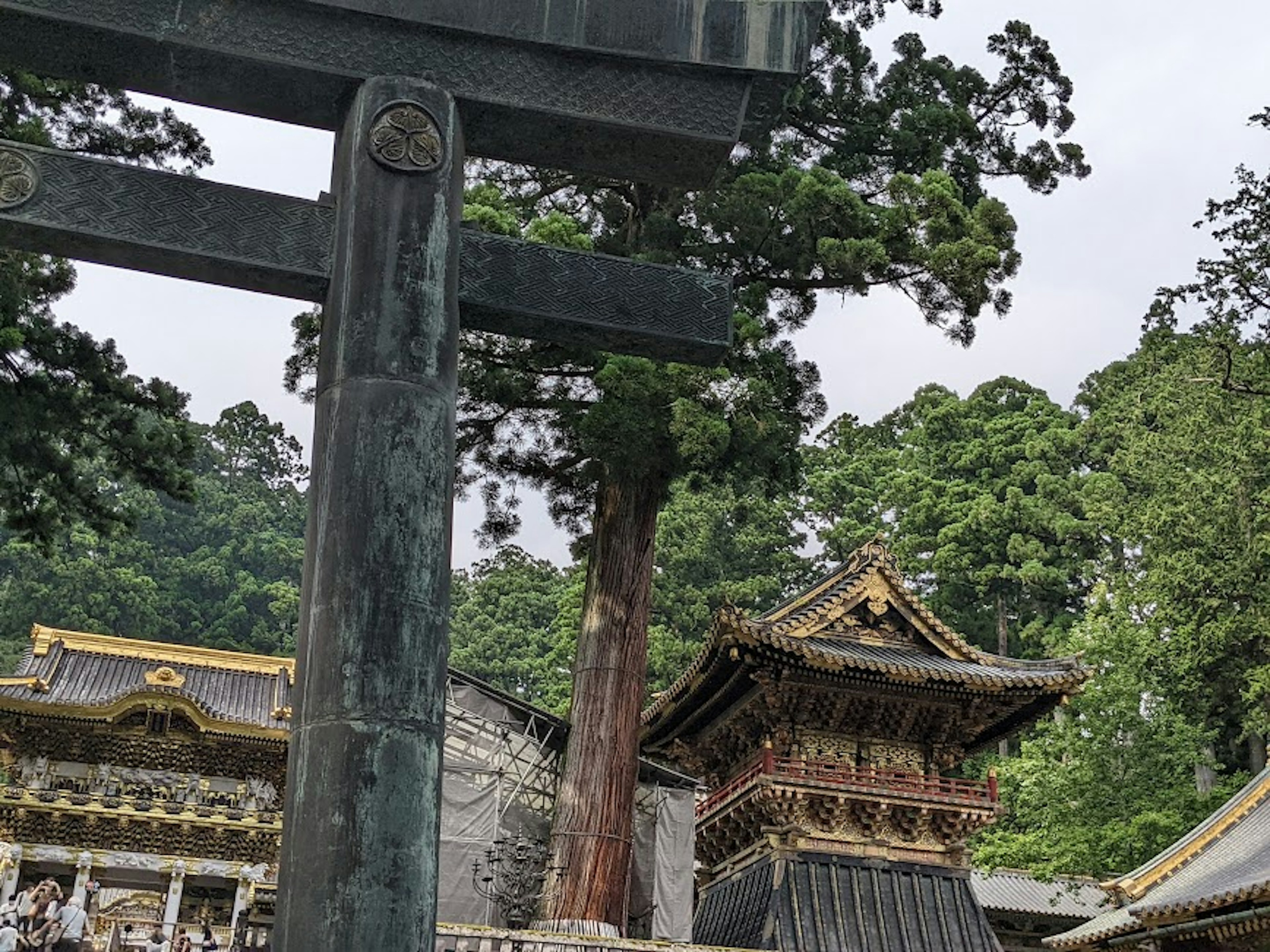 A large torii gate with historical buildings in the background