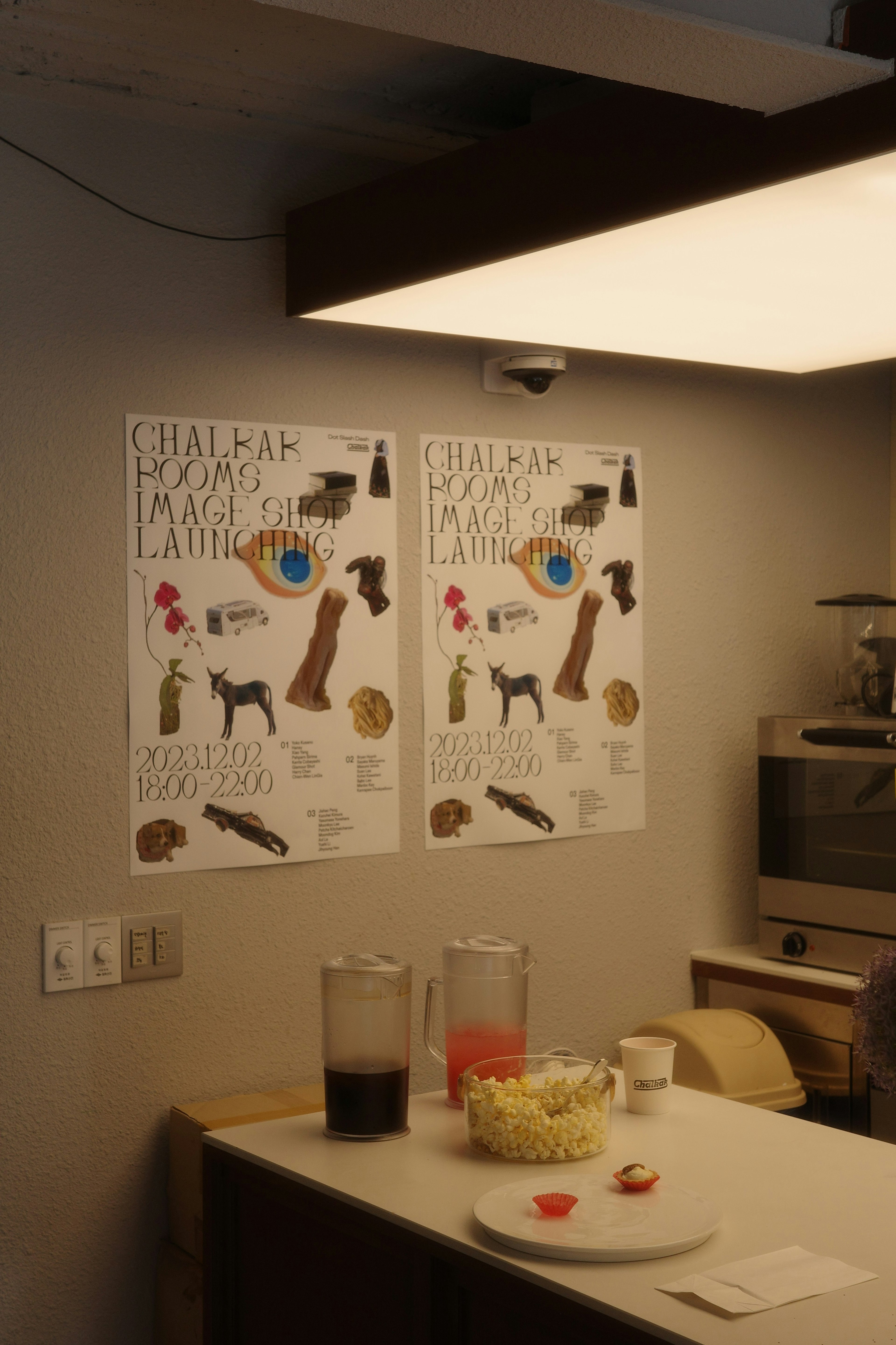 Two posters displayed on the kitchen wall featuring illustrations of food and animals