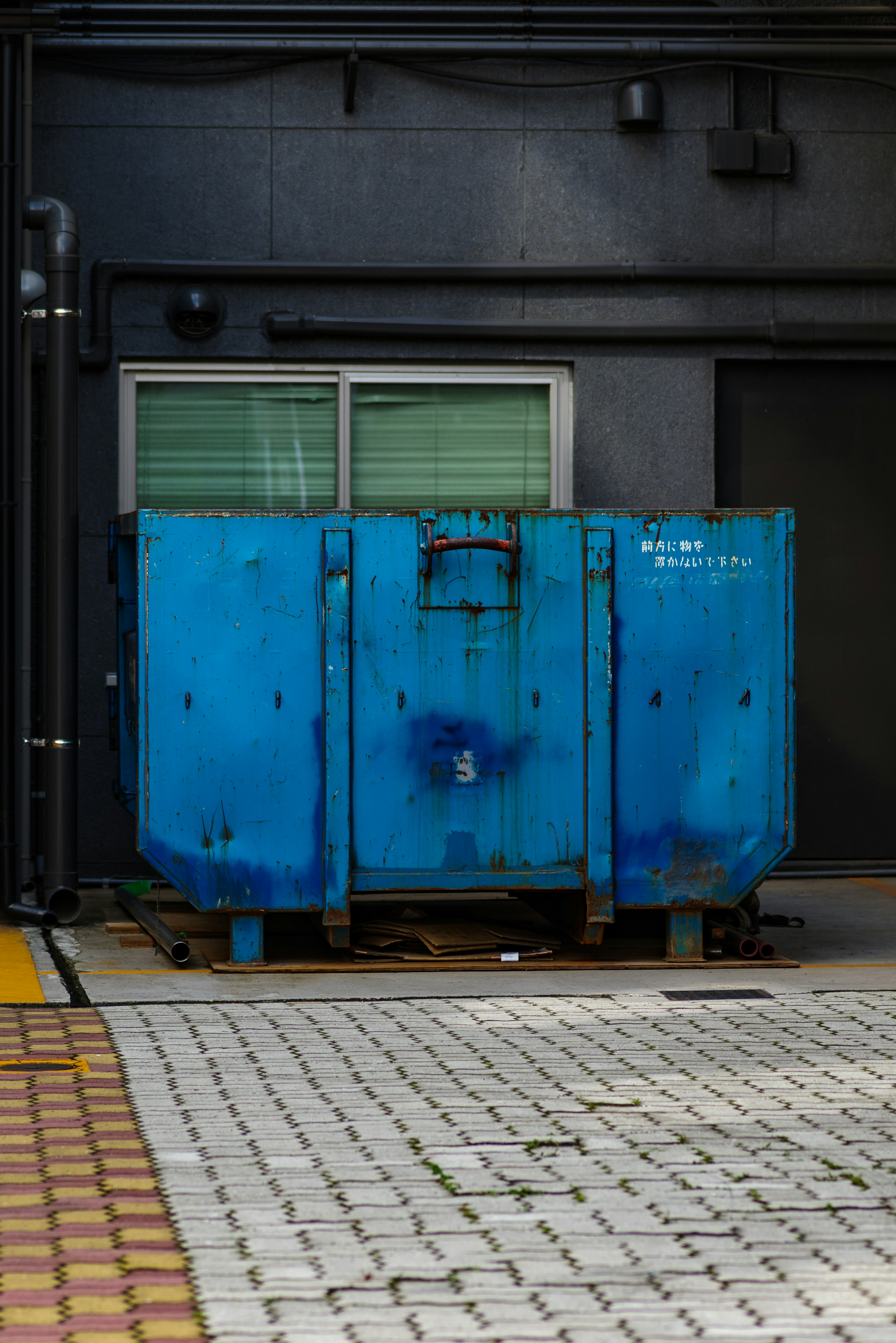 A blue dumpster situated in front of a black building