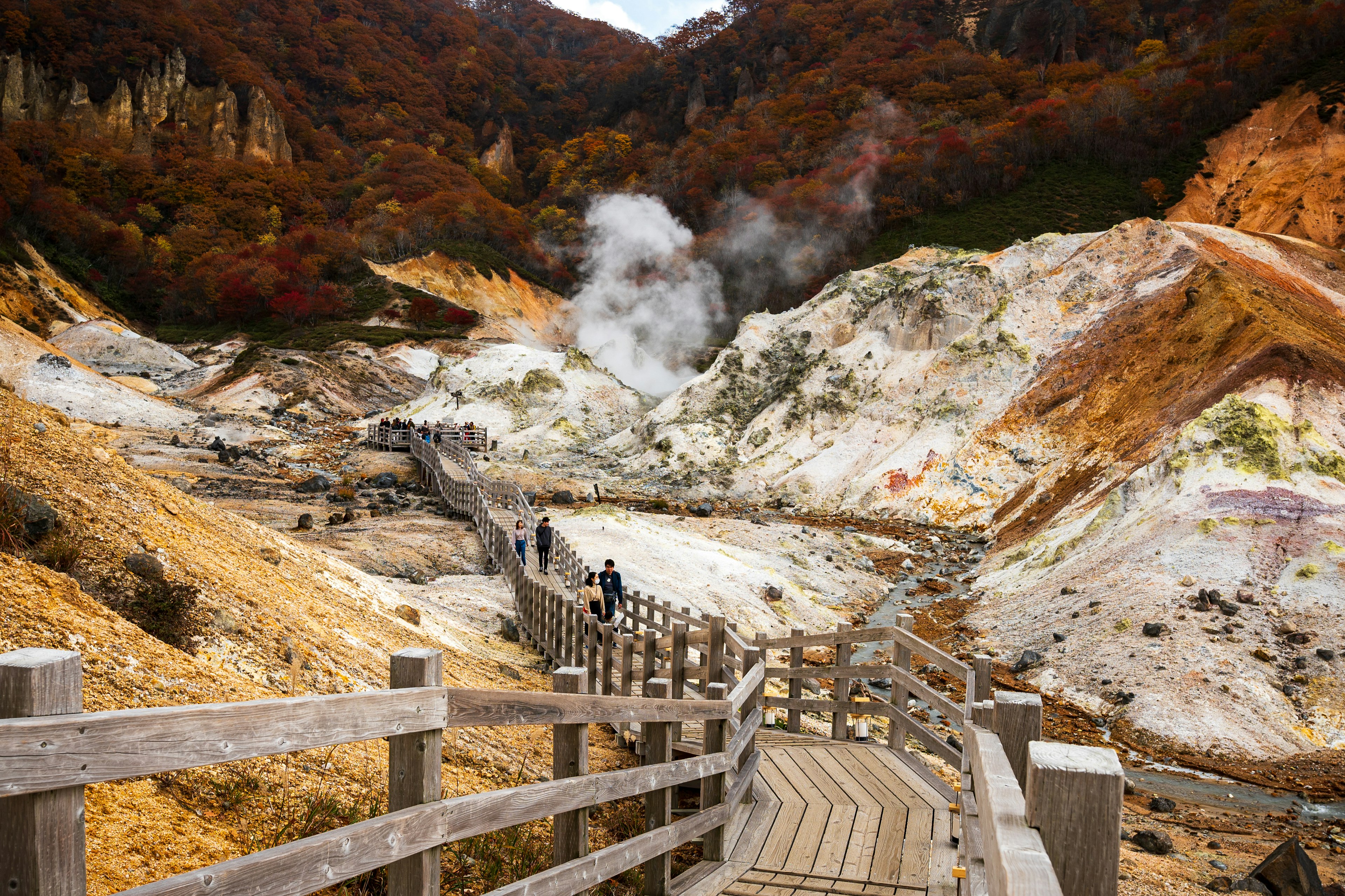 Vista panoramica di un'area termale con un sentiero di legno e vapore che sale