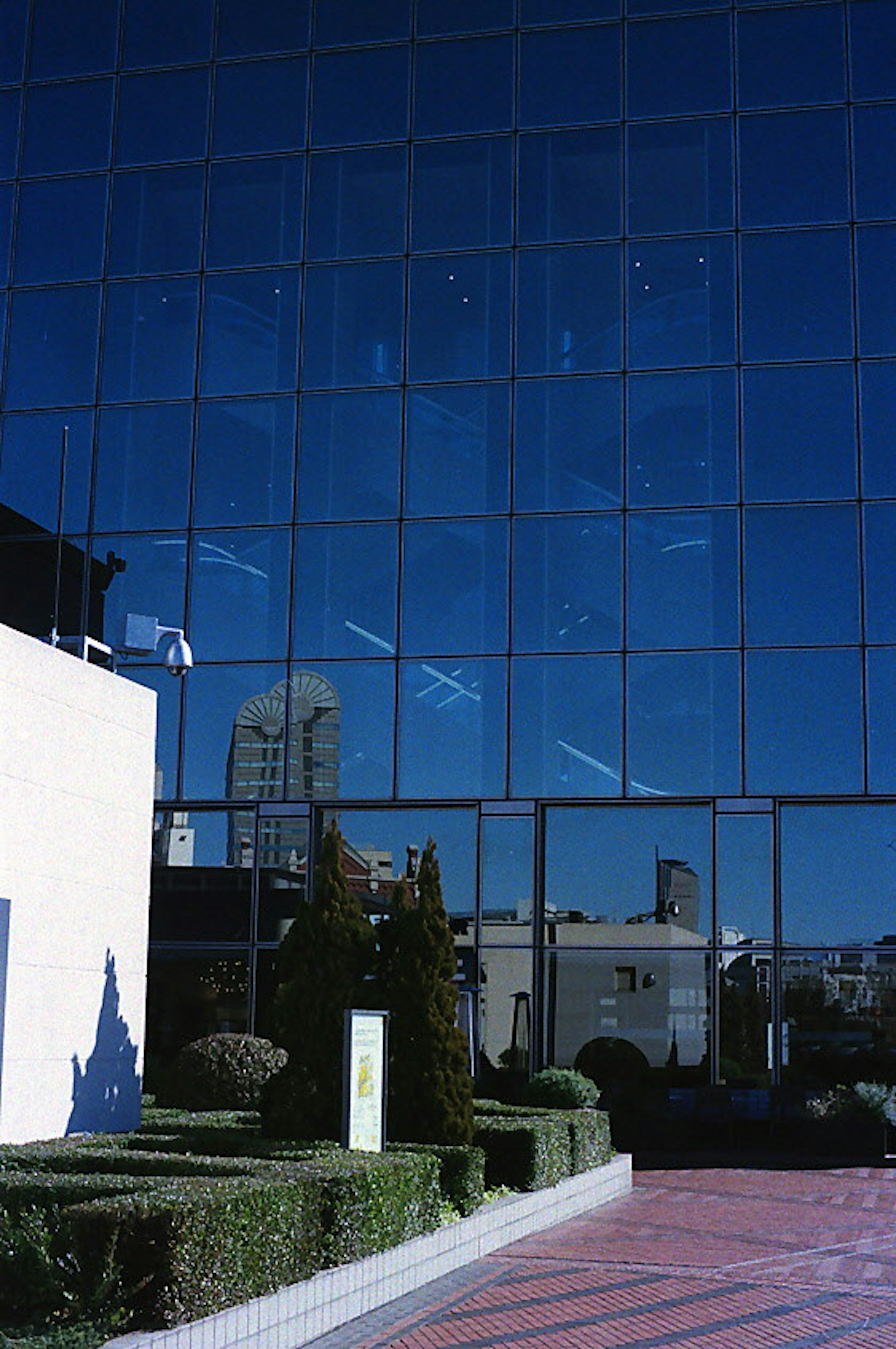 Glass facade of a high-rise building reflecting the blue sky and green landscaping