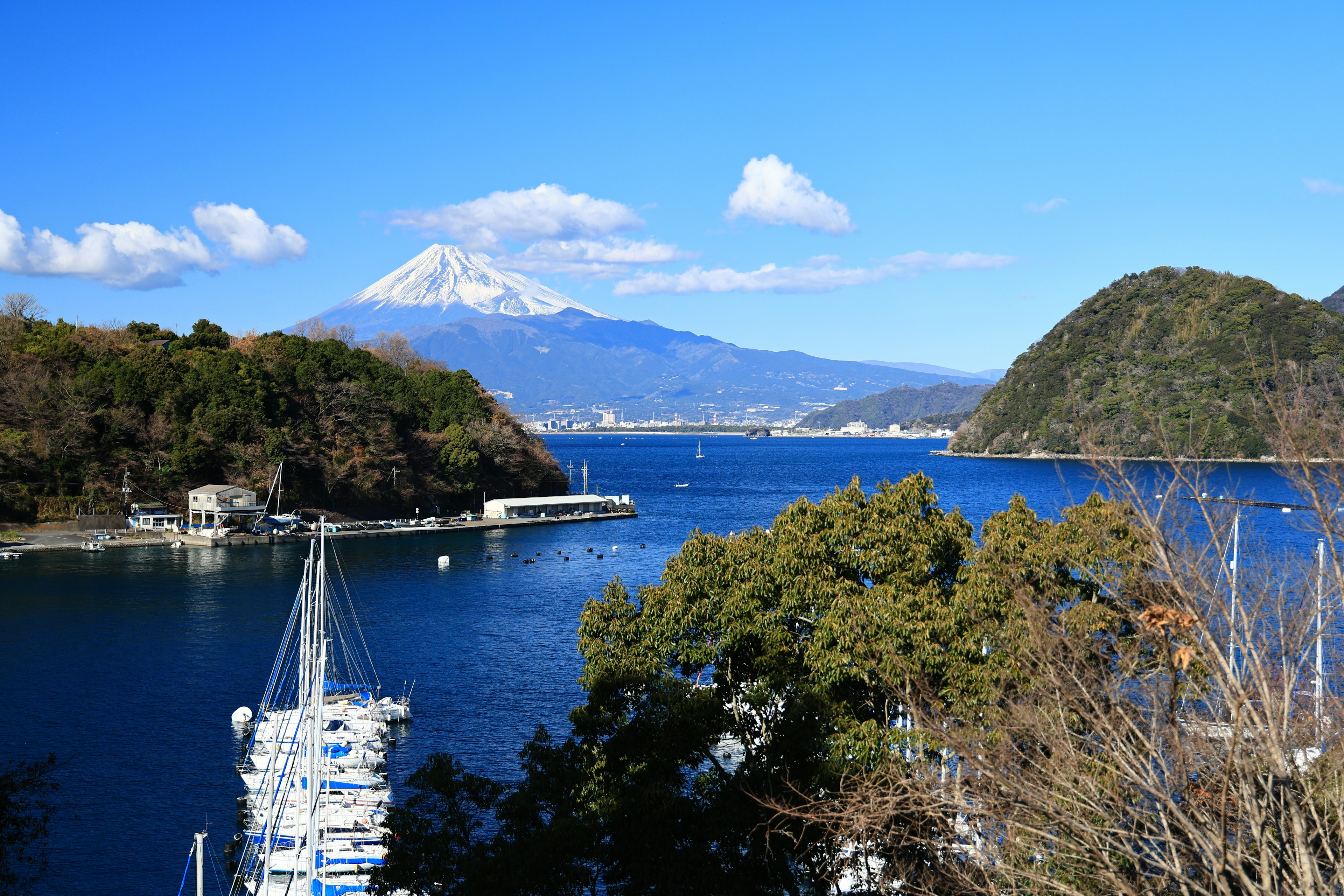 Vista panoramica del monte Fuji con un porto e barche