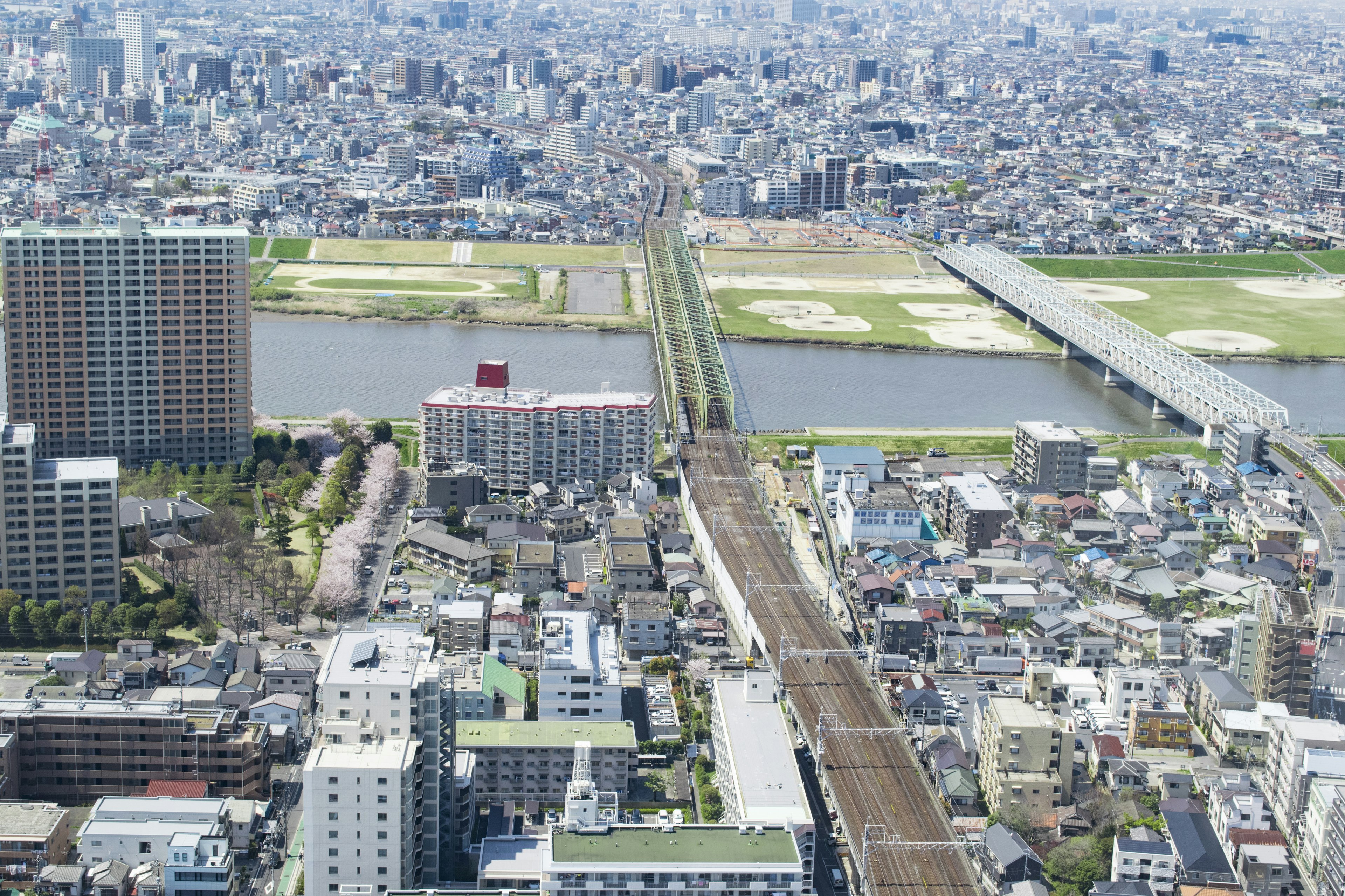 都市の高層ビルと広がる風景が見える空撮写真