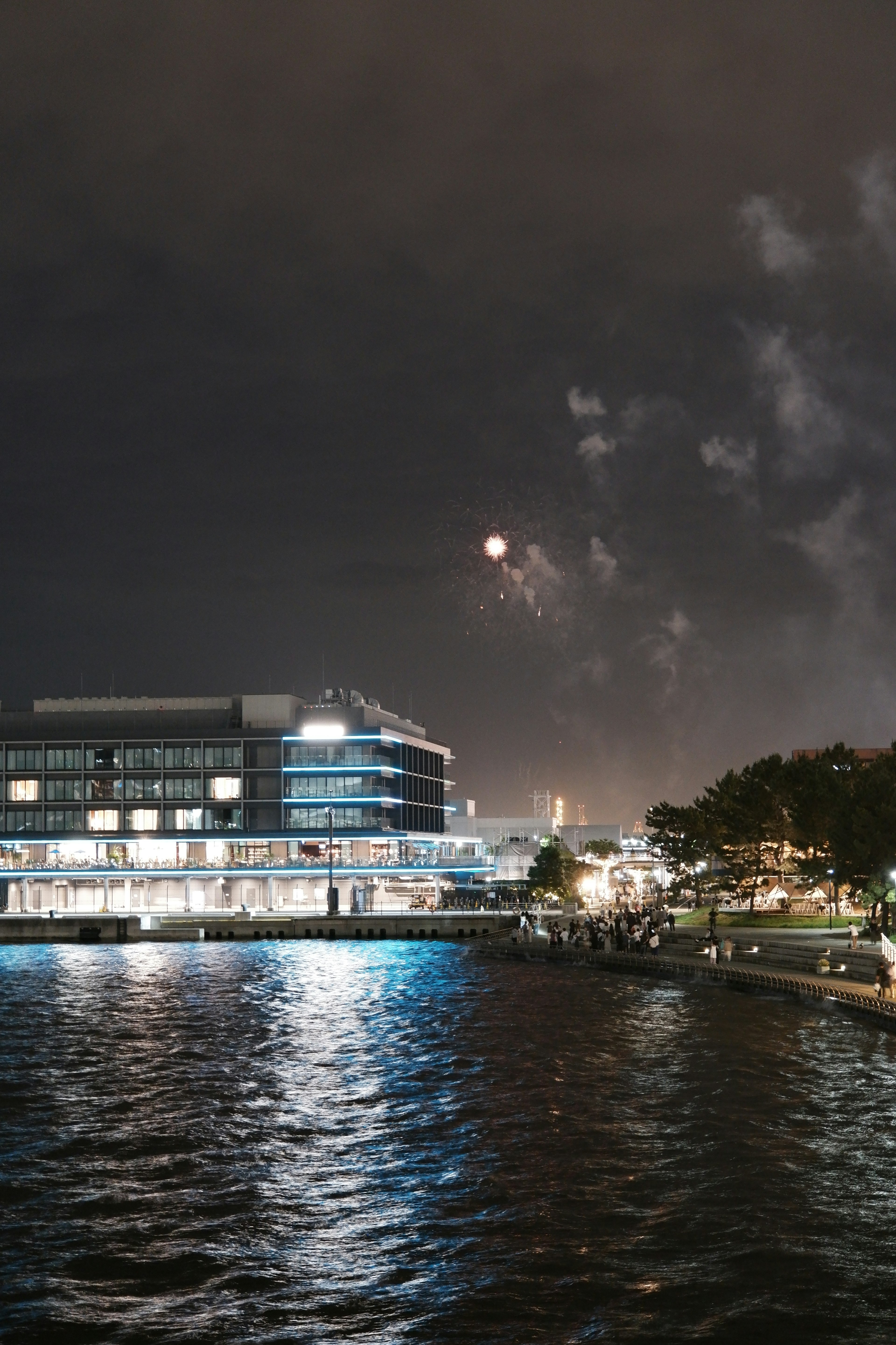 Vista nocturna de fuegos artificiales sobre el agua con un edificio moderno cercano