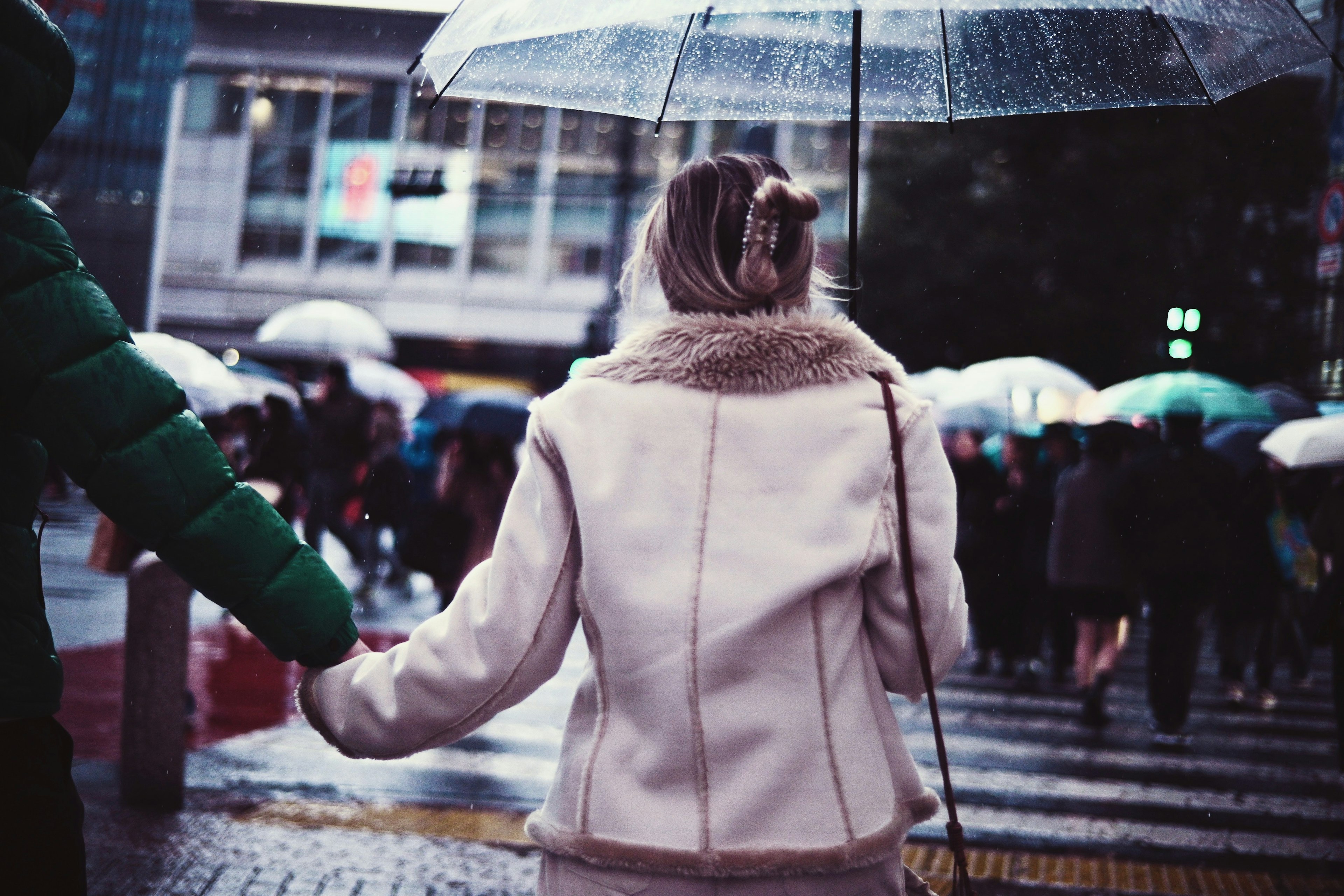 Woman holding an umbrella walking in a crosswalk from behind surrounded by other people with umbrellas