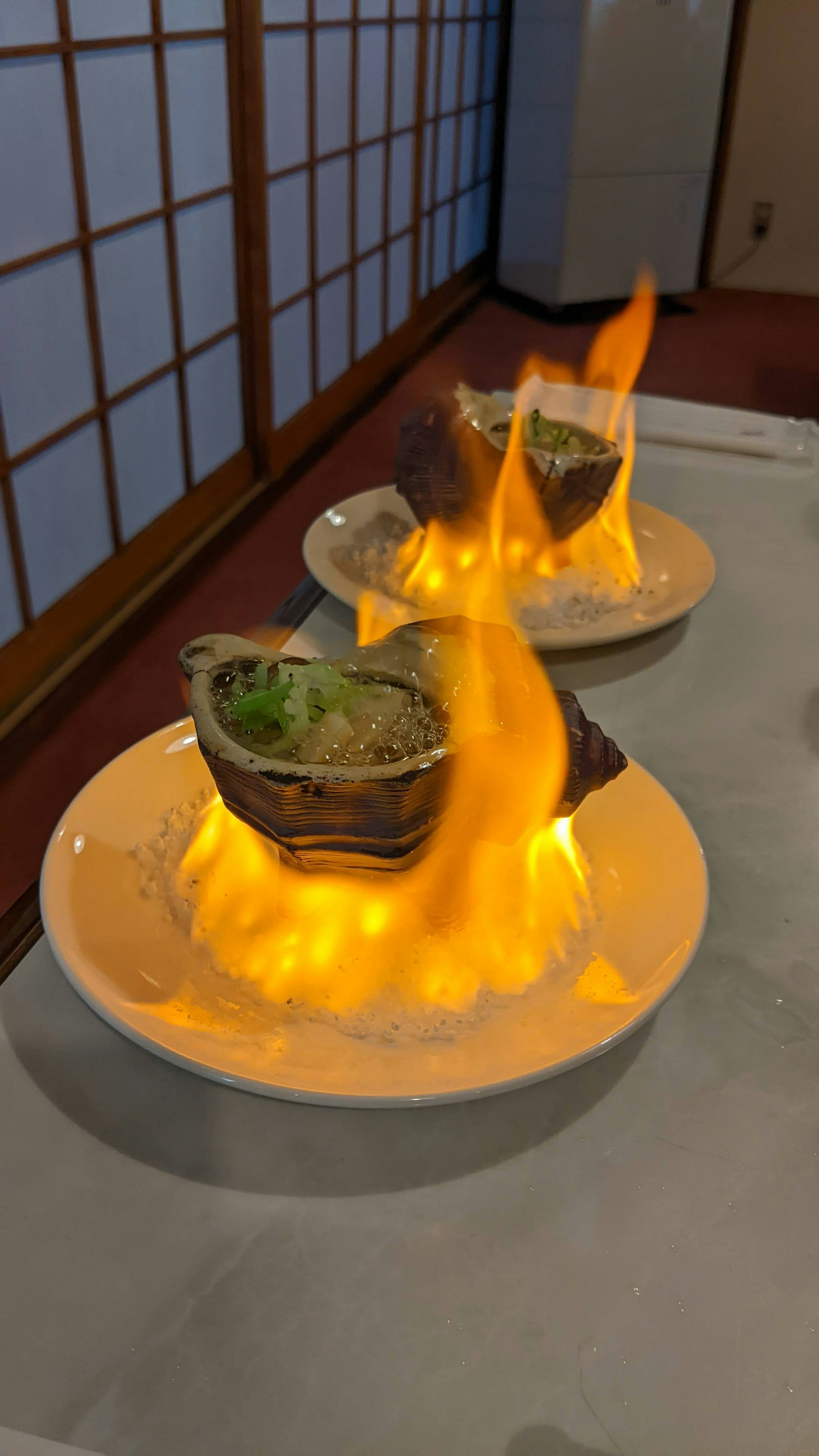 Dishes with flaming food on a table two plates with fire