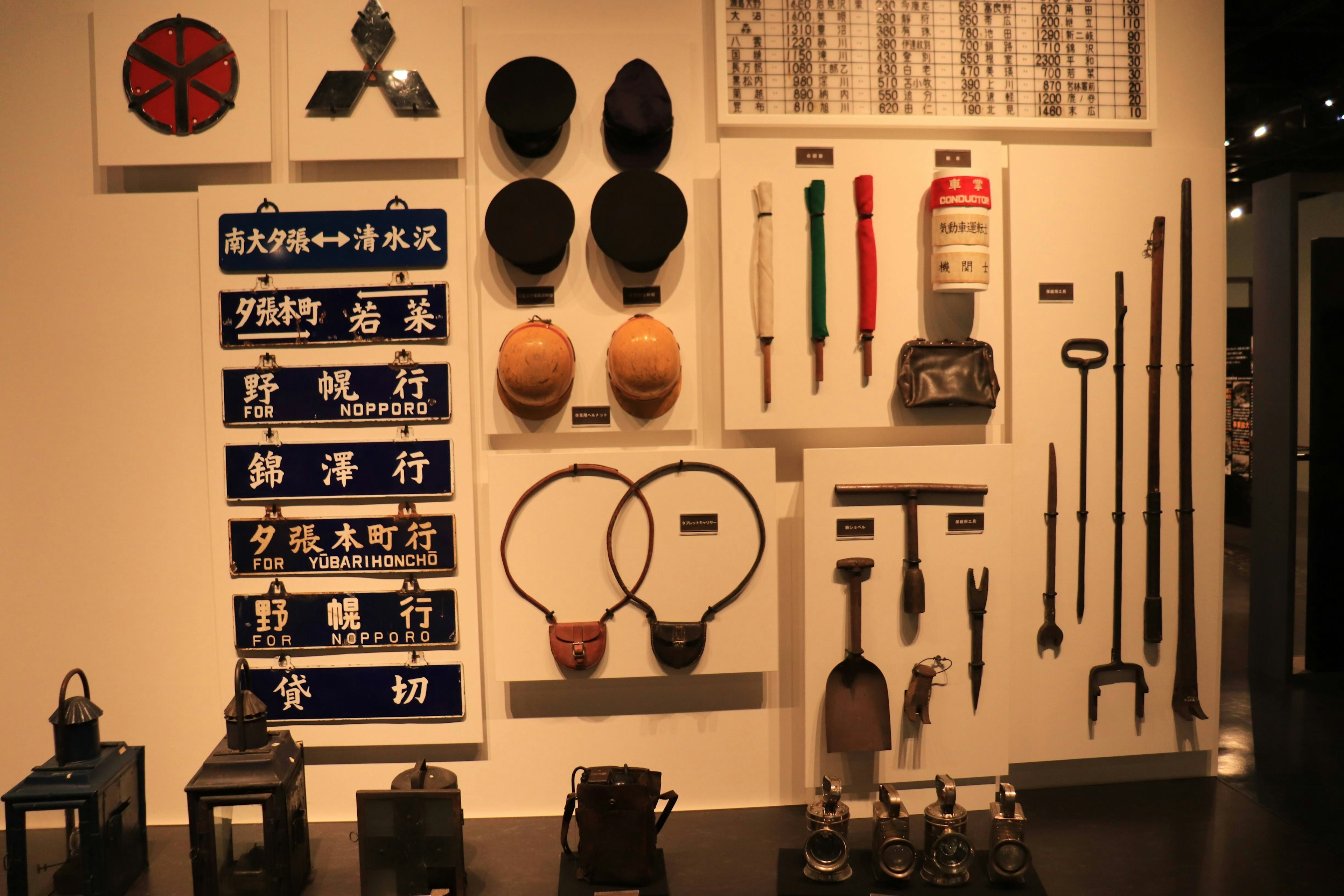 Herramientas y letreros japoneses tradicionales exhibidos en una pared