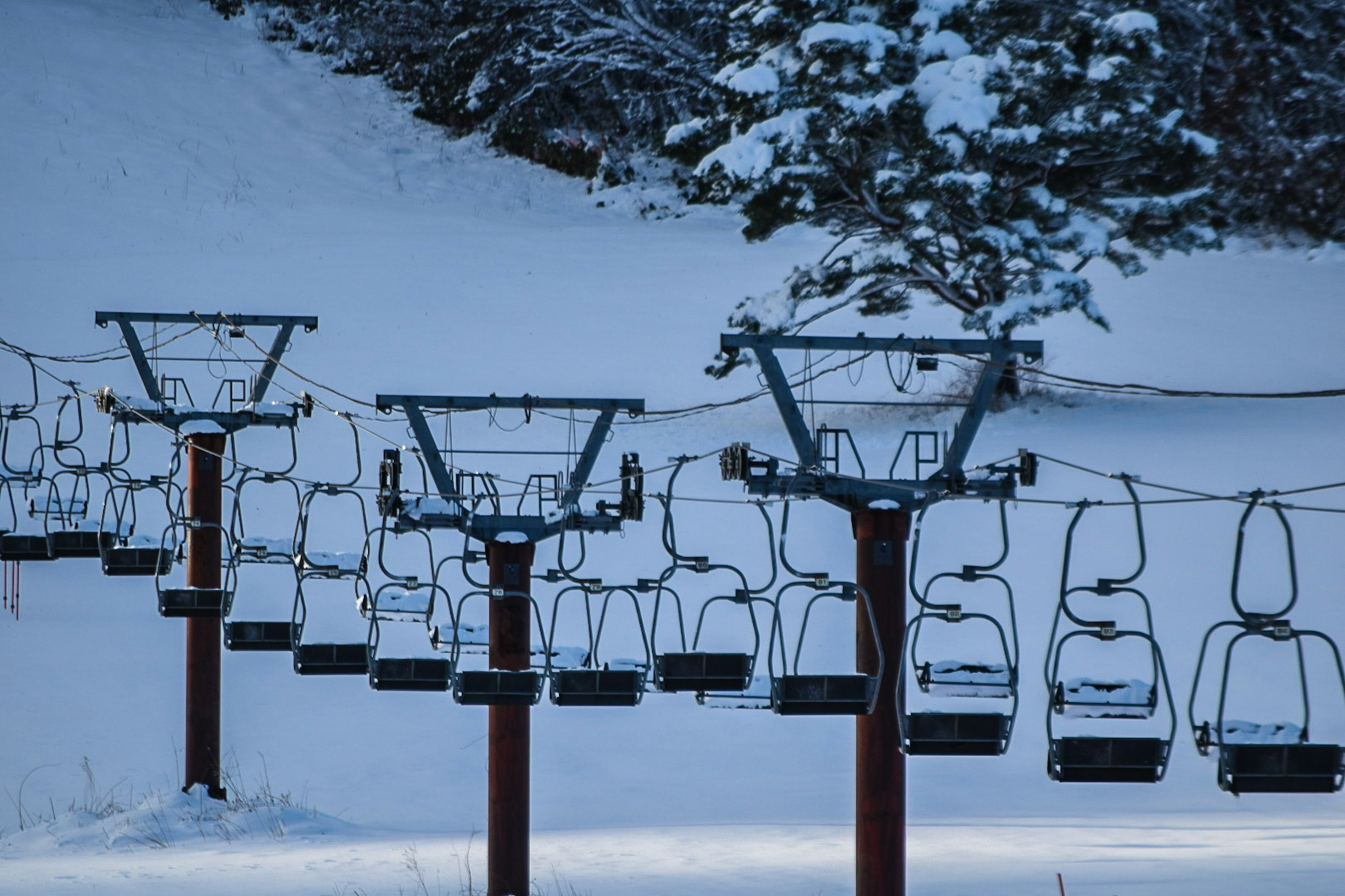 一排滑雪缆车在雪覆盖的景观中形成宁静的冬季场景