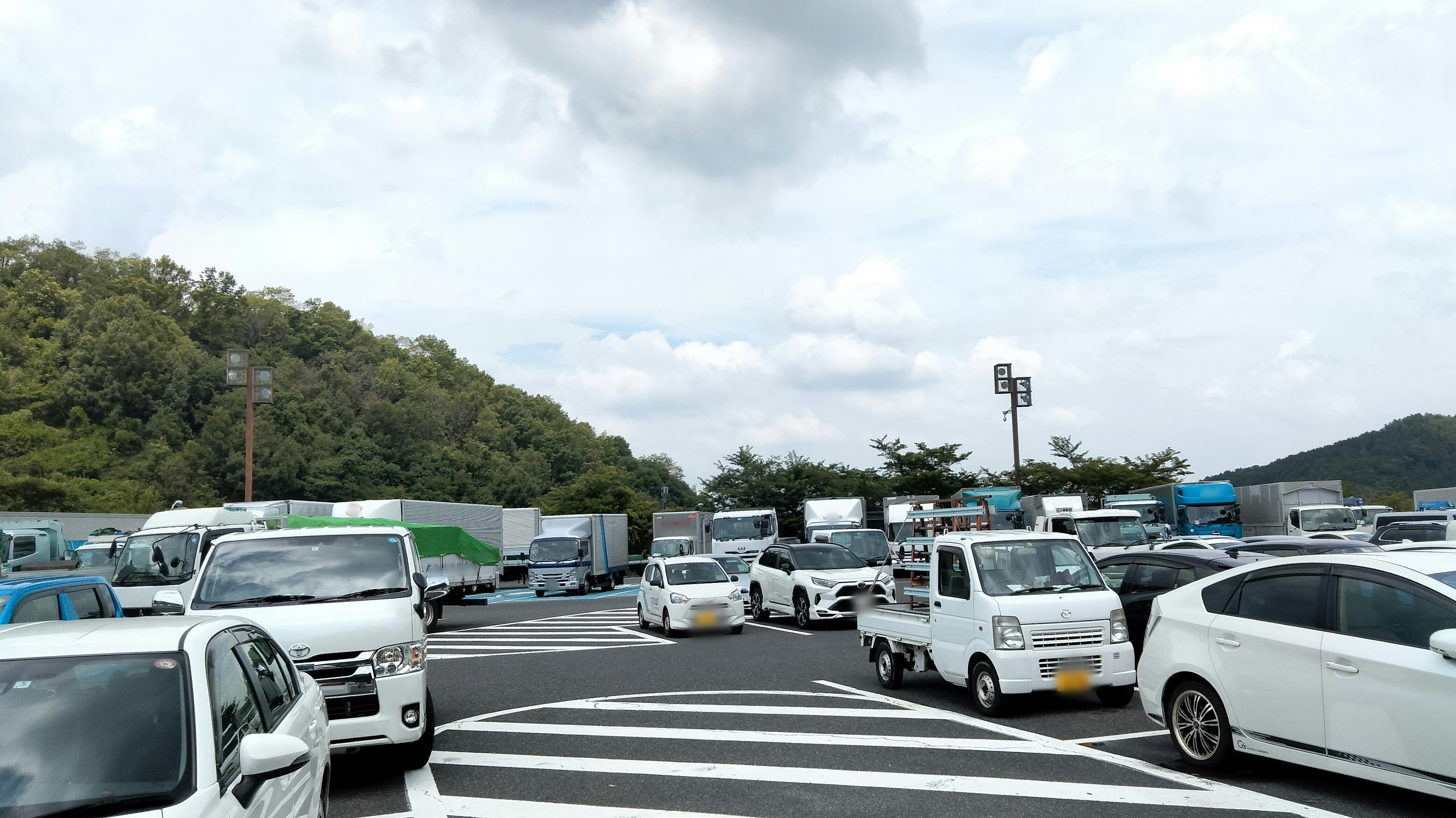 Sebuah tempat parkir yang sibuk dipenuhi berbagai mobil dan truk putih