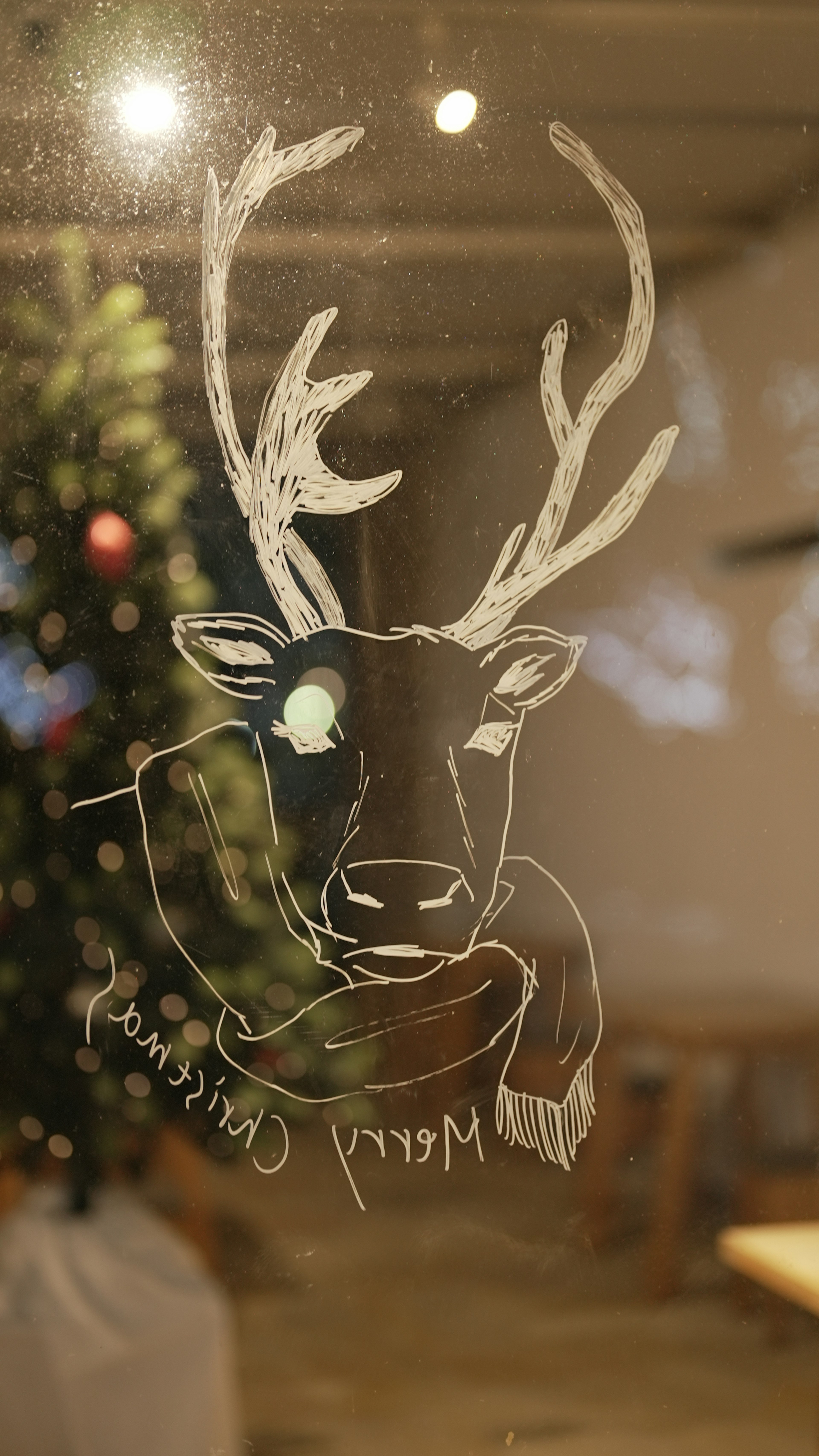 Illustration of a Christmas reindeer on glass with the message Merry Christmas