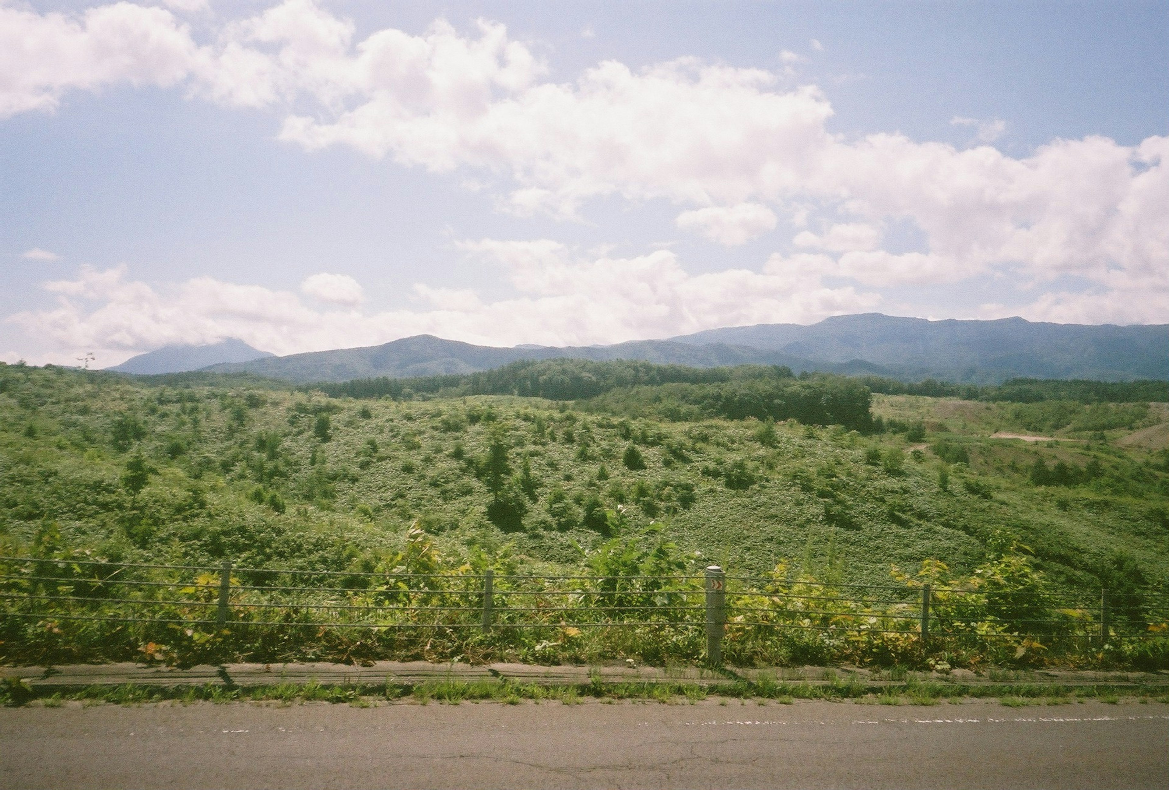 Lush green hills and mountains under a blue sky with white clouds