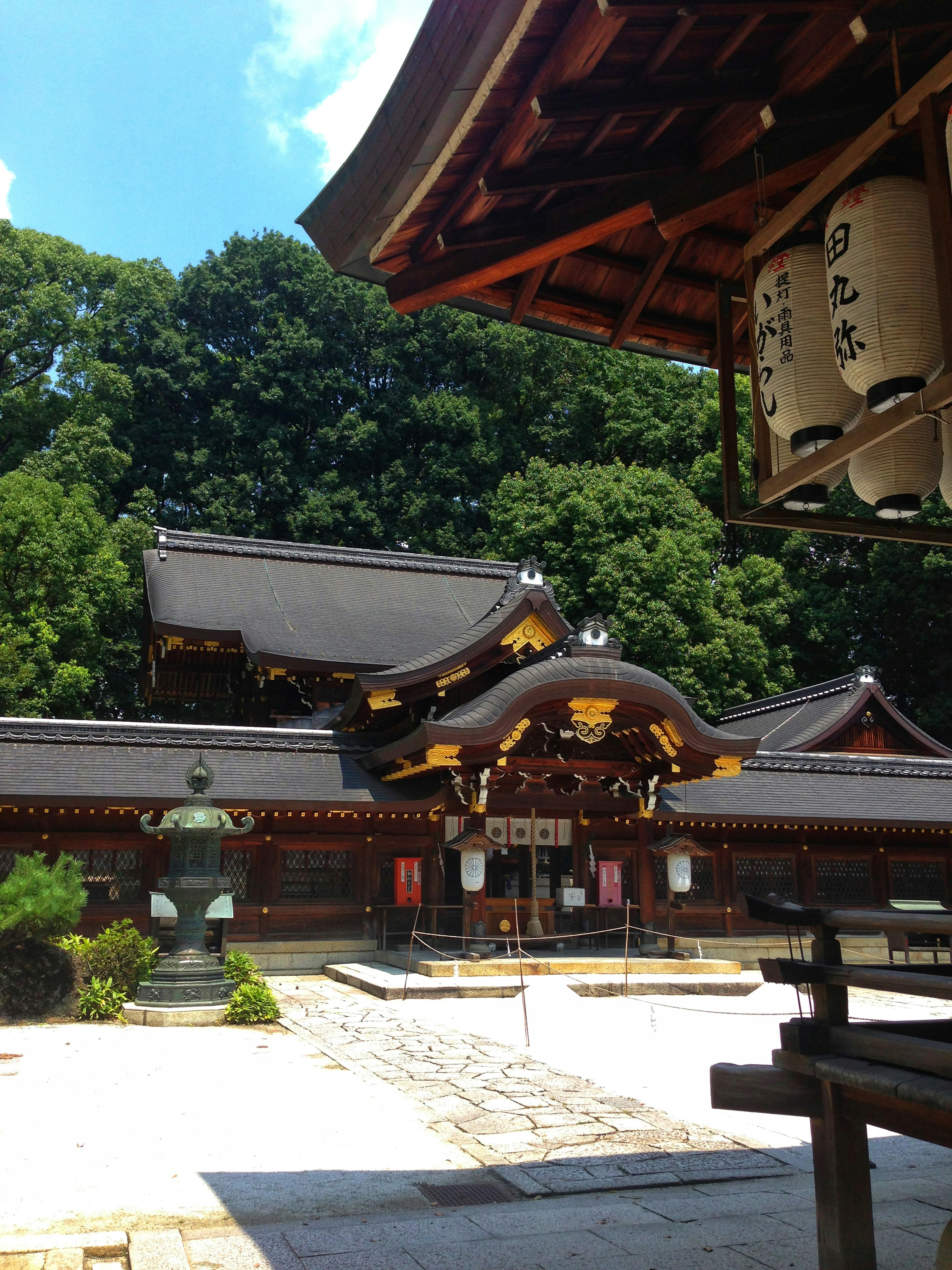 神社の美しい建物と周囲の緑豊かな風景