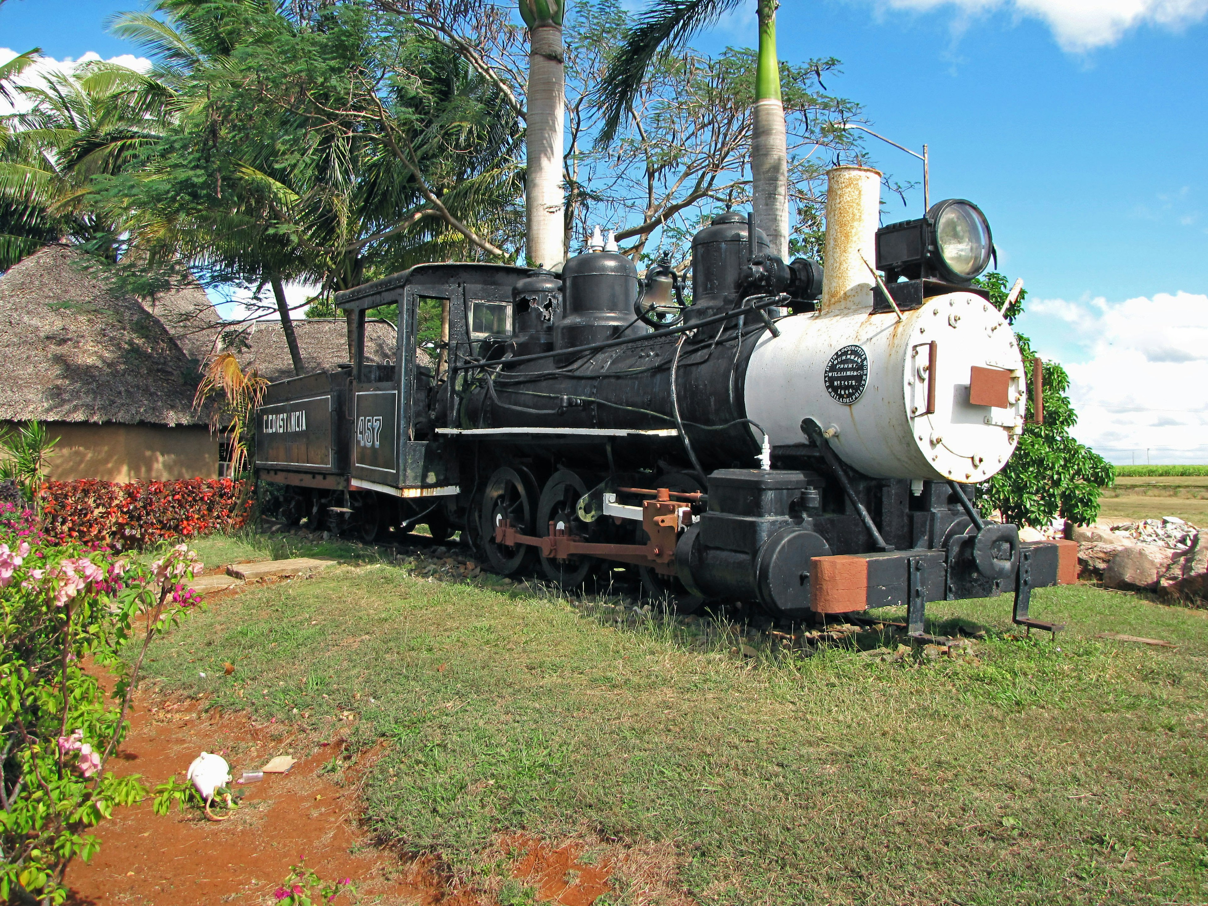 An old steam locomotive displayed on green grass with palm trees in the background