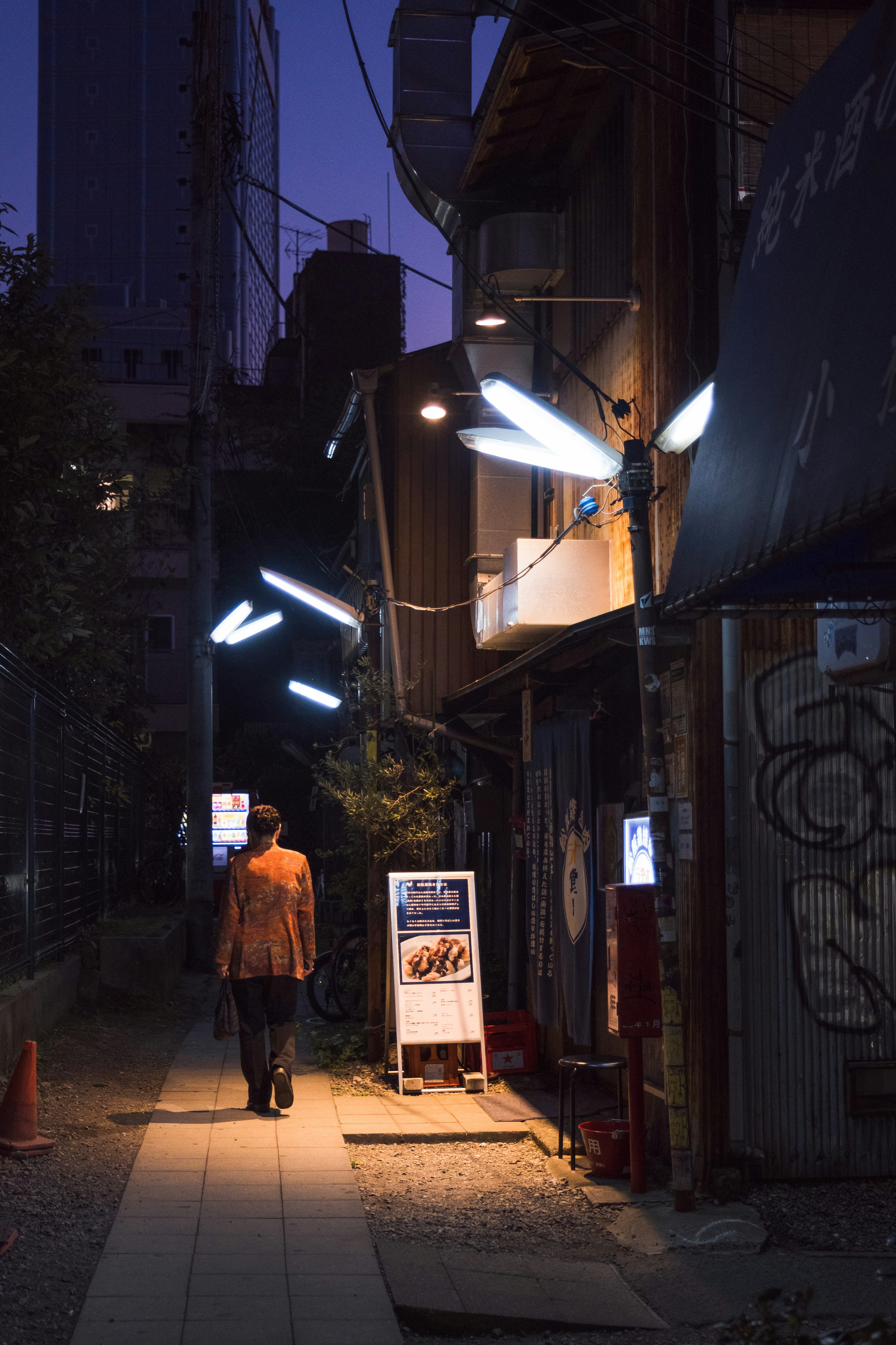 夜の街路を歩く人と明るい看板が並ぶ風景