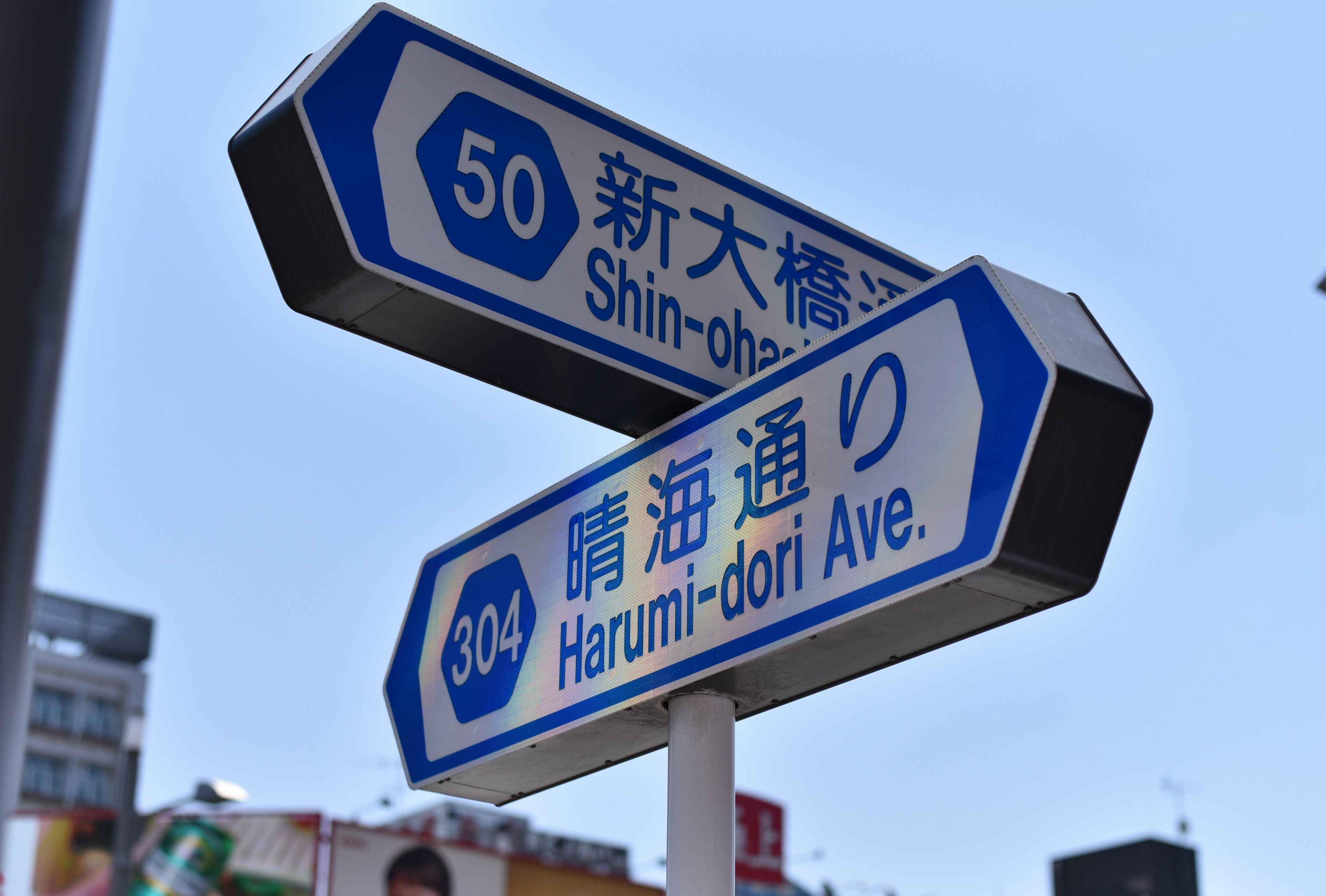 Street signs for Harumi-dori Ave and Shin-ohashi in Tokyo