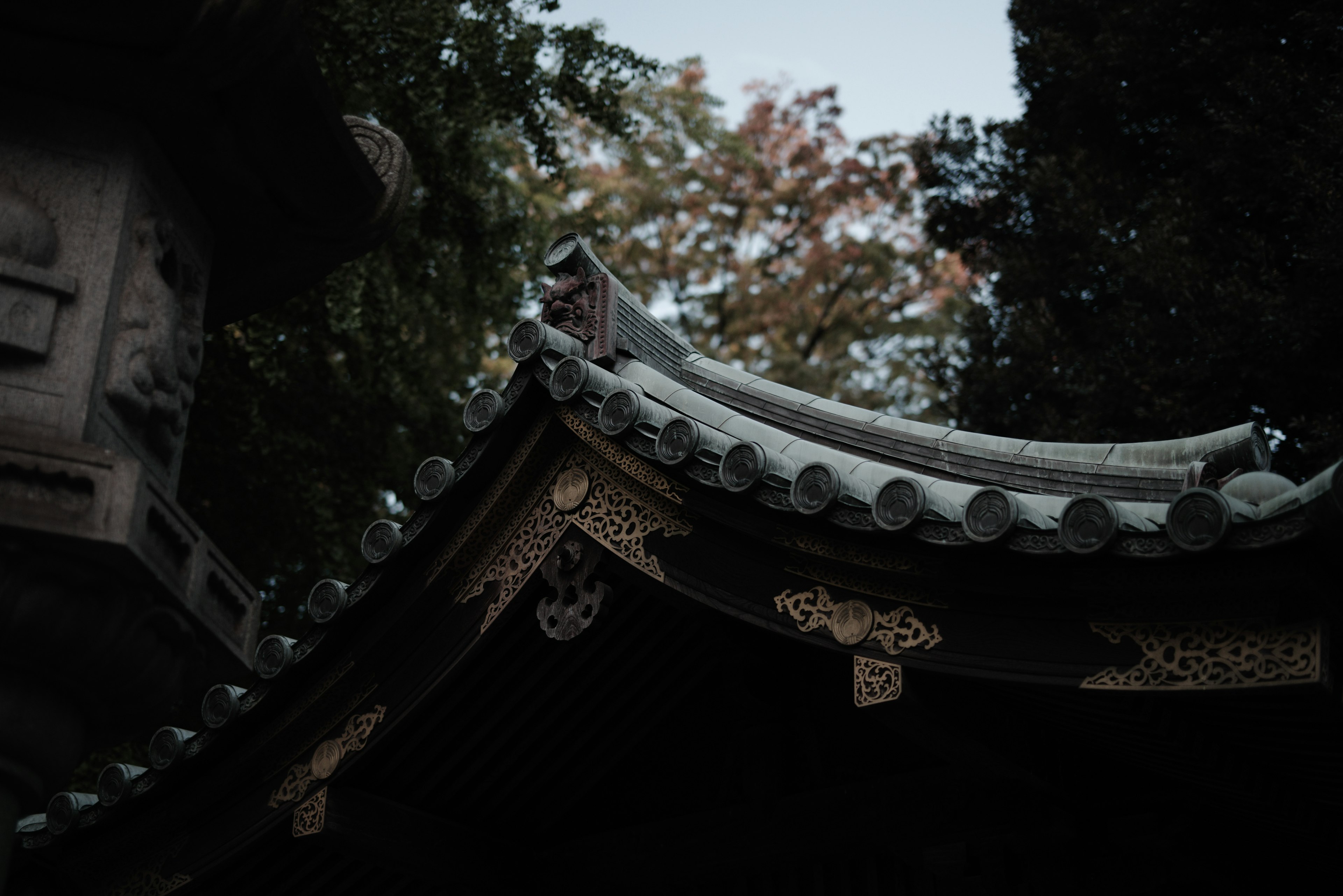 Imagen oscura de un techo de edificio japonés tradicional con detalles intrincados