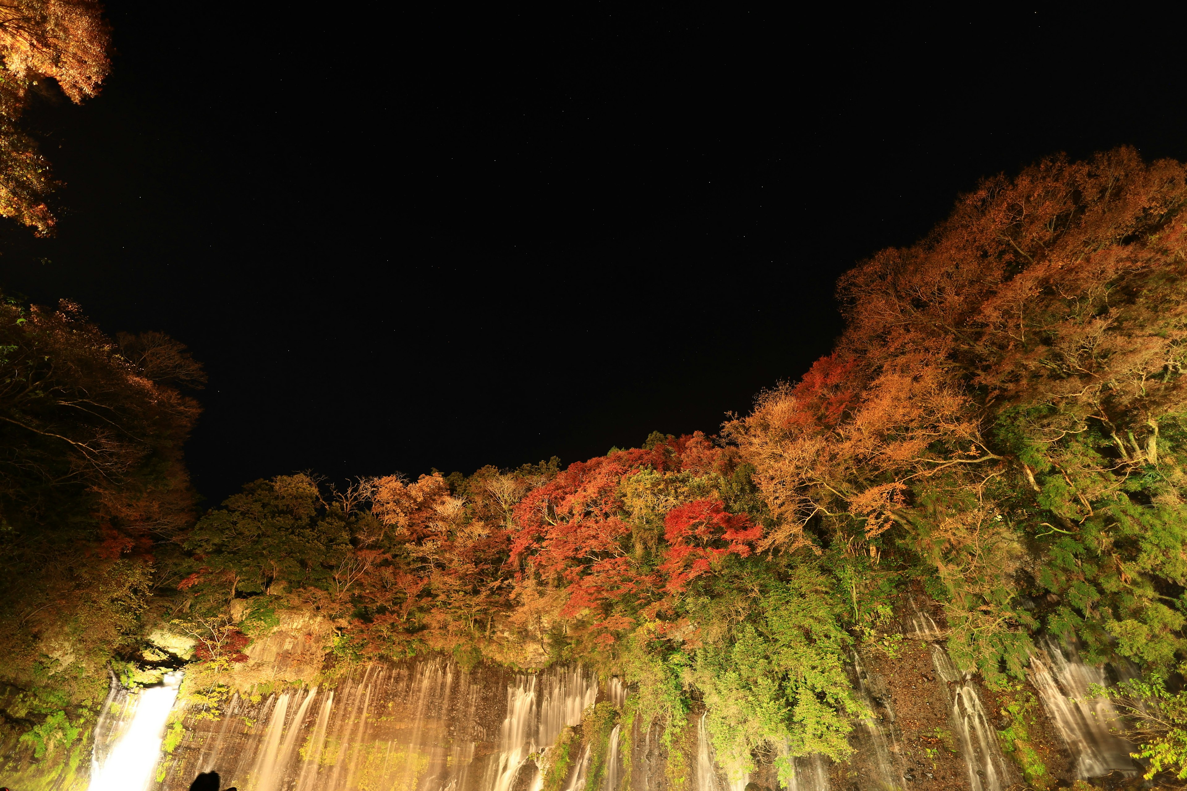 A stunning view of a waterfall at night with colorful foliage