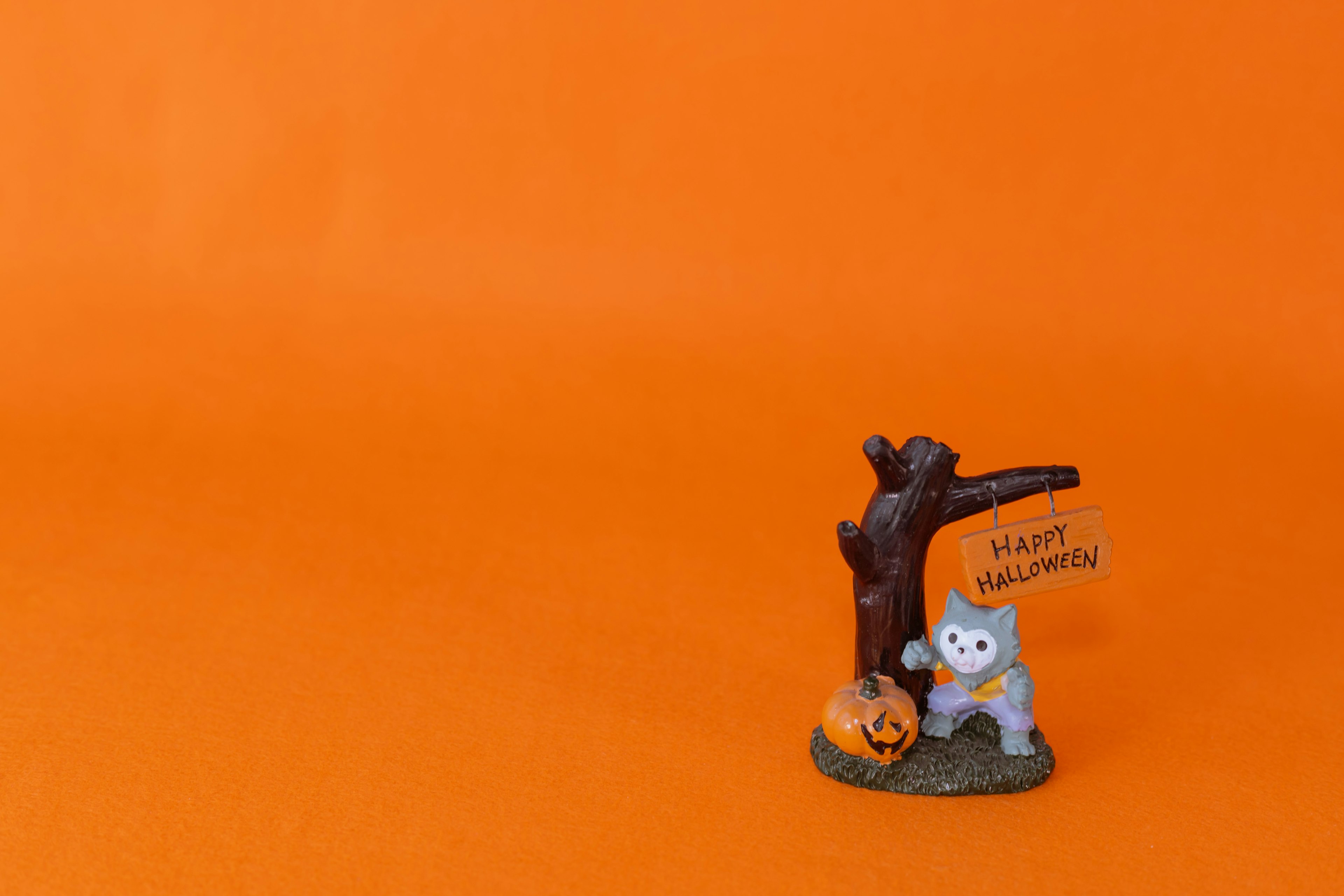 Une décoration d'Halloween avec une figurine de chat et une citrouille sur un fond orange