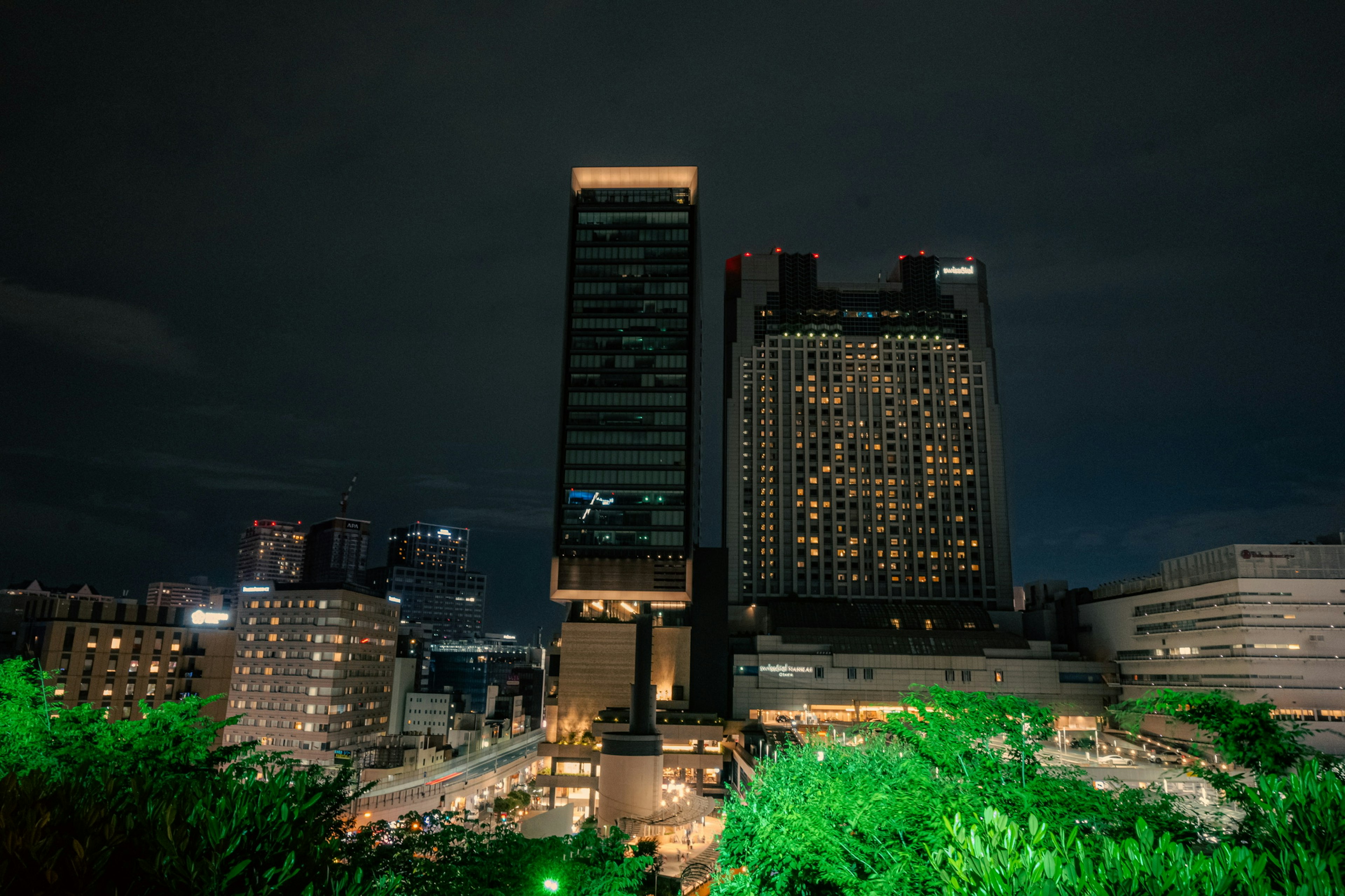 Paisaje urbano nocturno con rascacielos y follaje verde