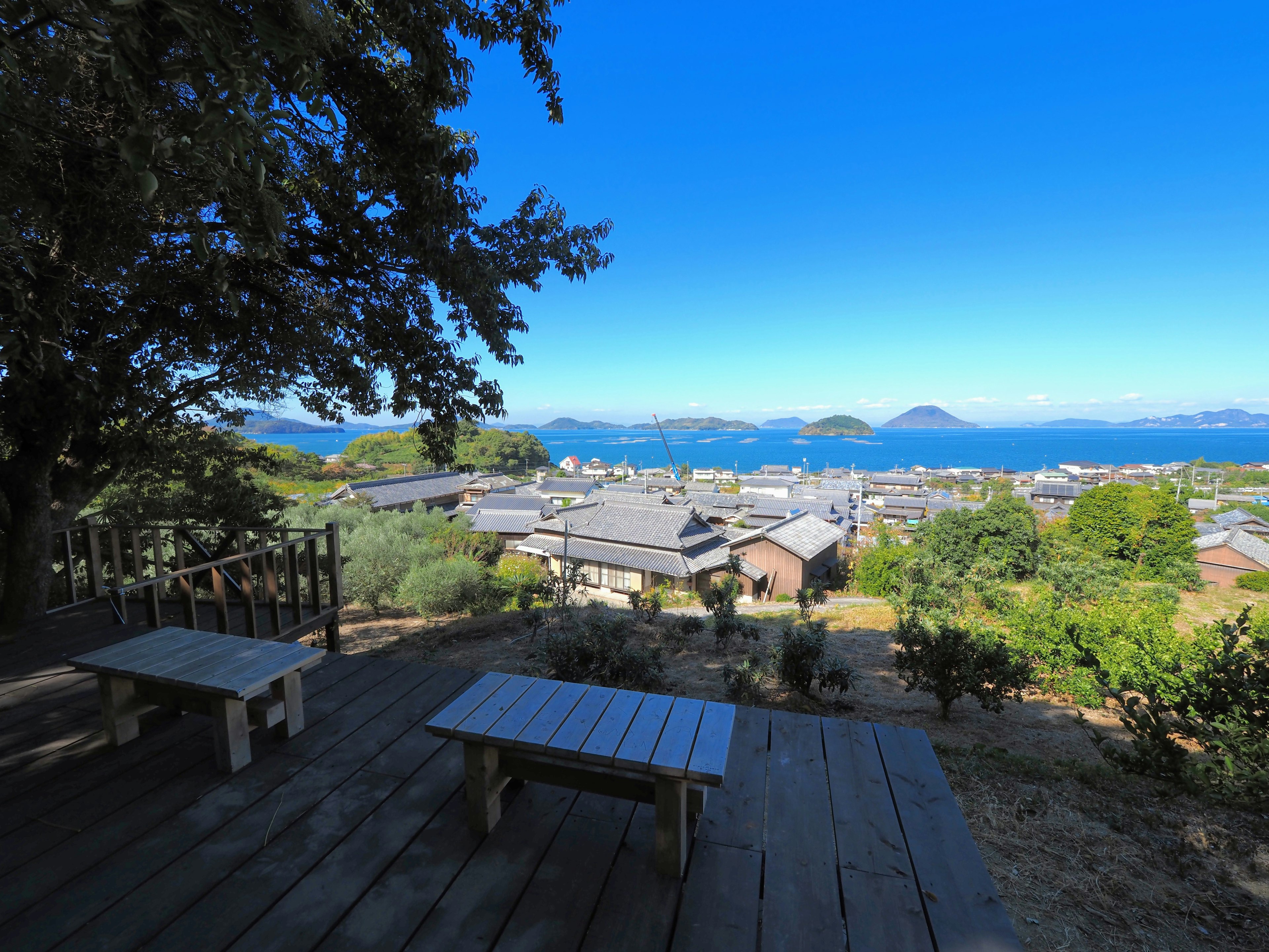 Vue pittoresque avec des tables en bois surplombant un paysage océanique magnifique