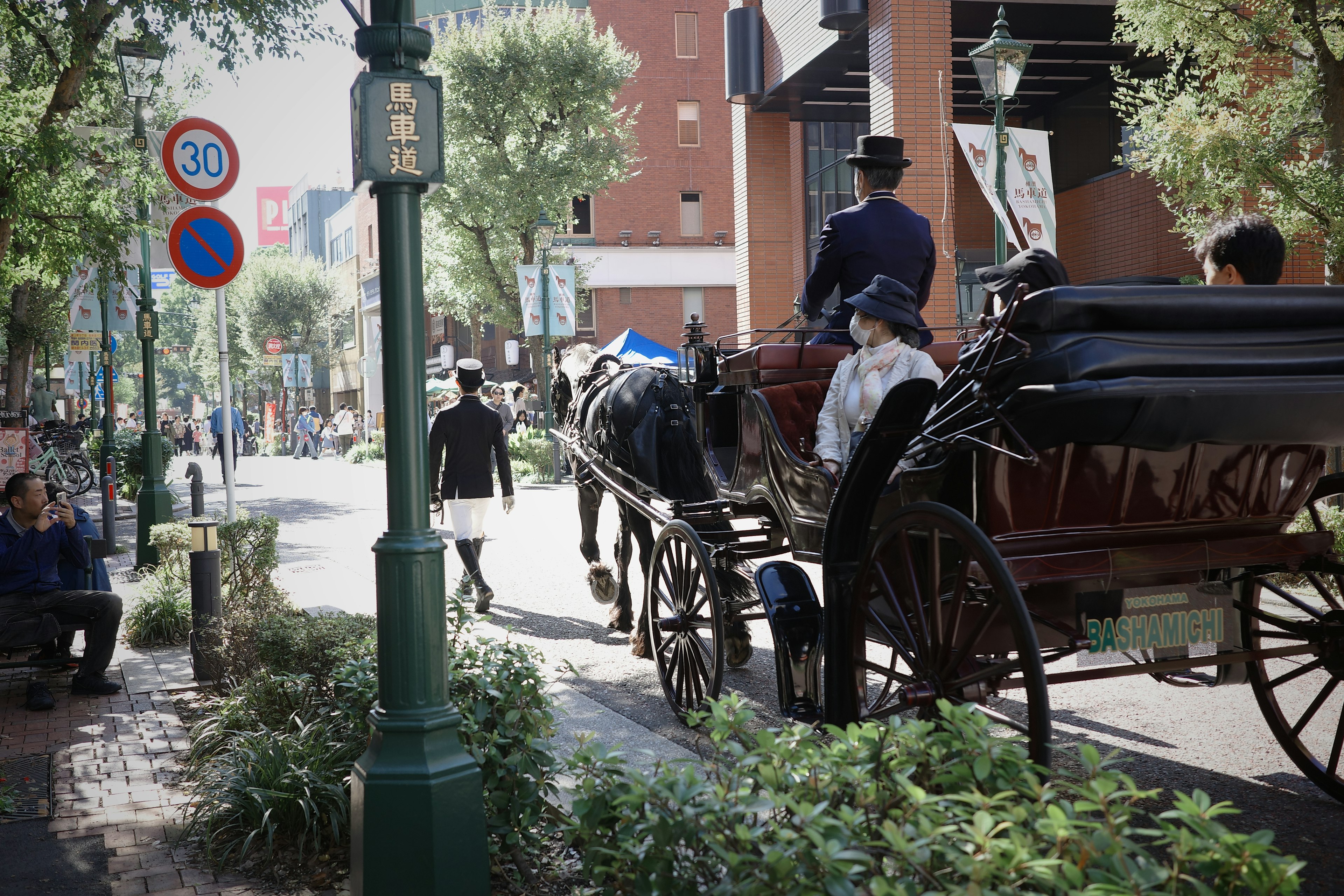 Calèche sur une rue de la ville avec des piétons