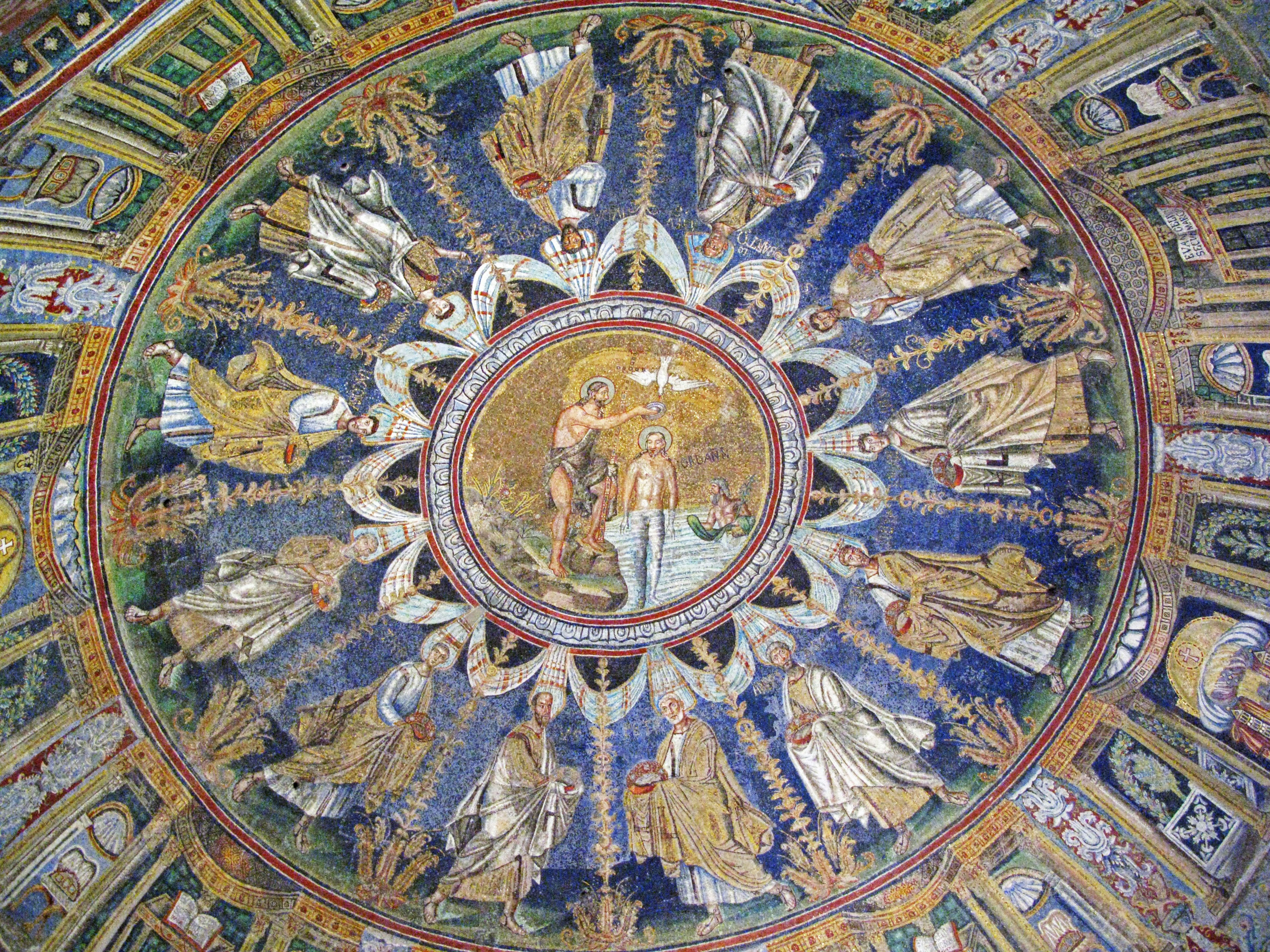 A beautifully painted ceiling featuring a circular dome with a central sacred scene surrounded by angels and saints