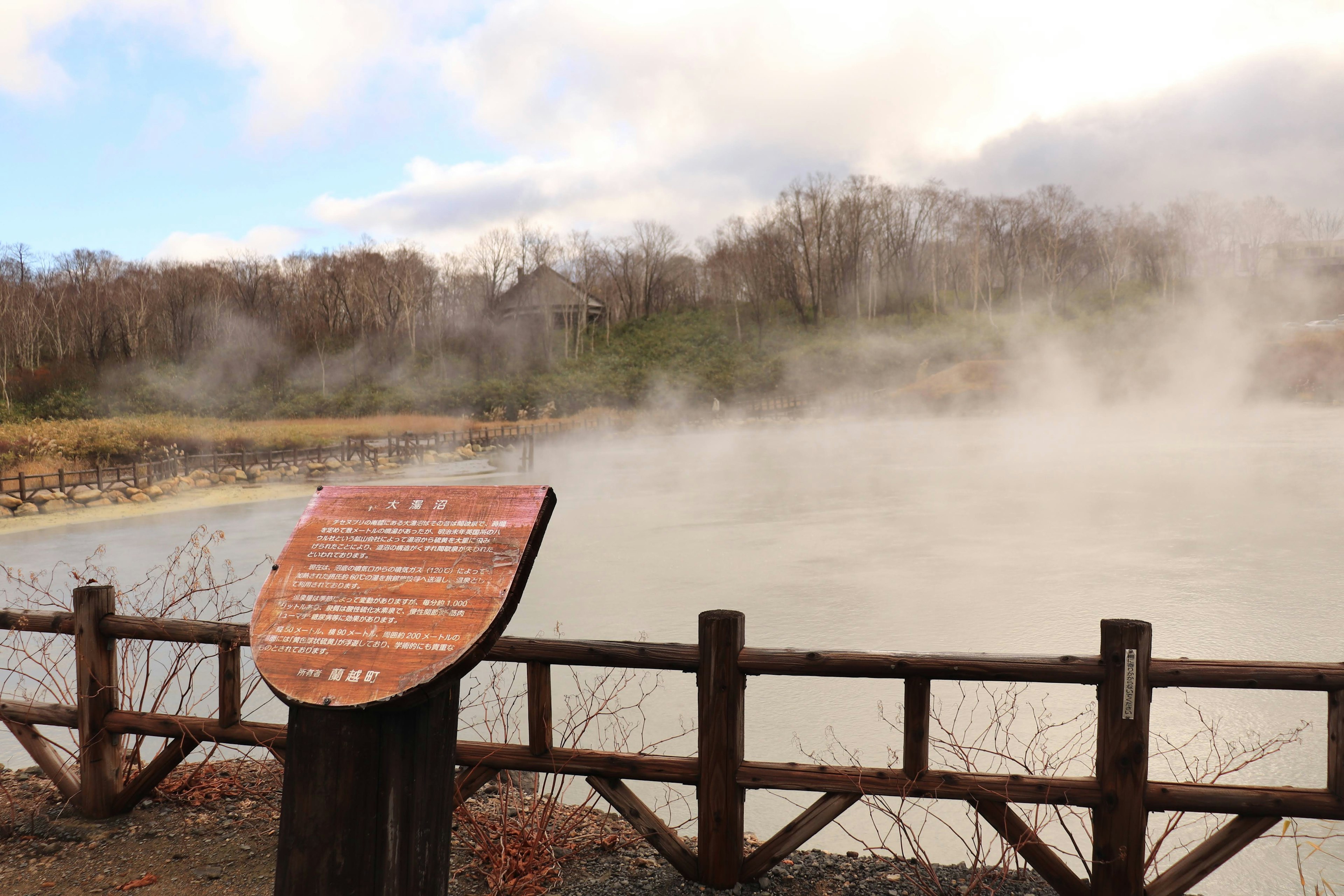 A scenic view of a hot spring with rising steam and an information sign