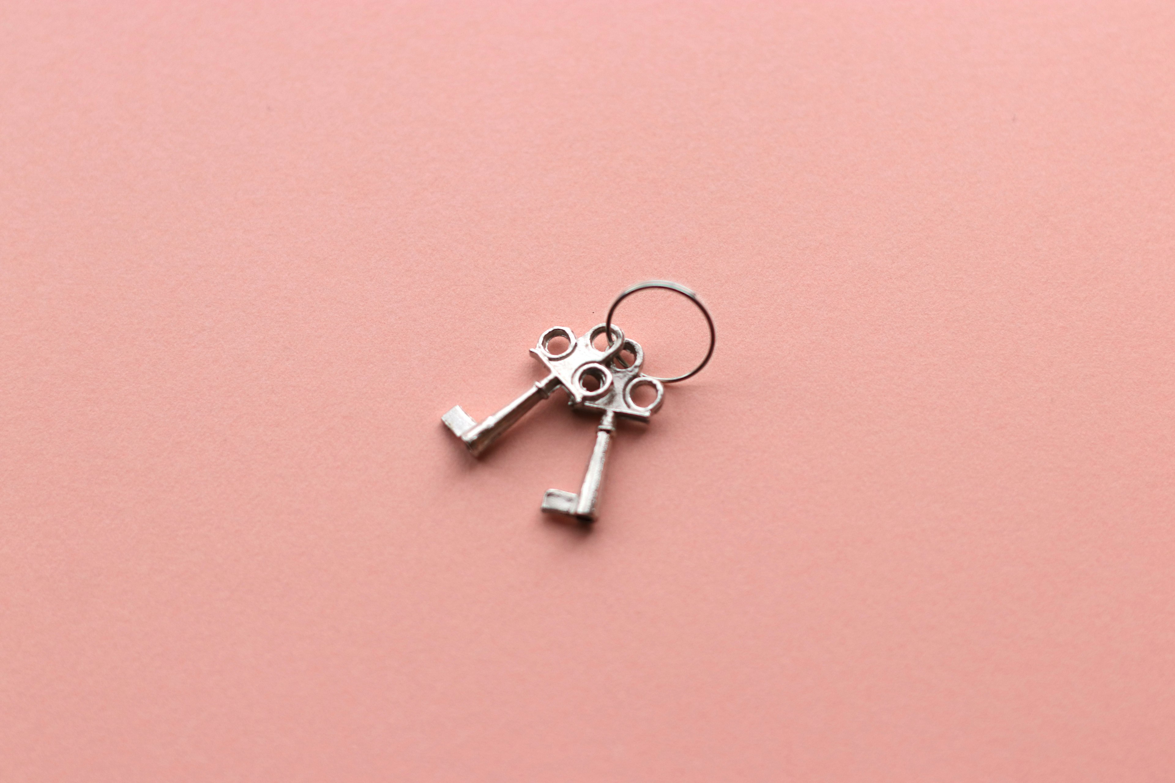 Metal keychain with two keys on a pink background