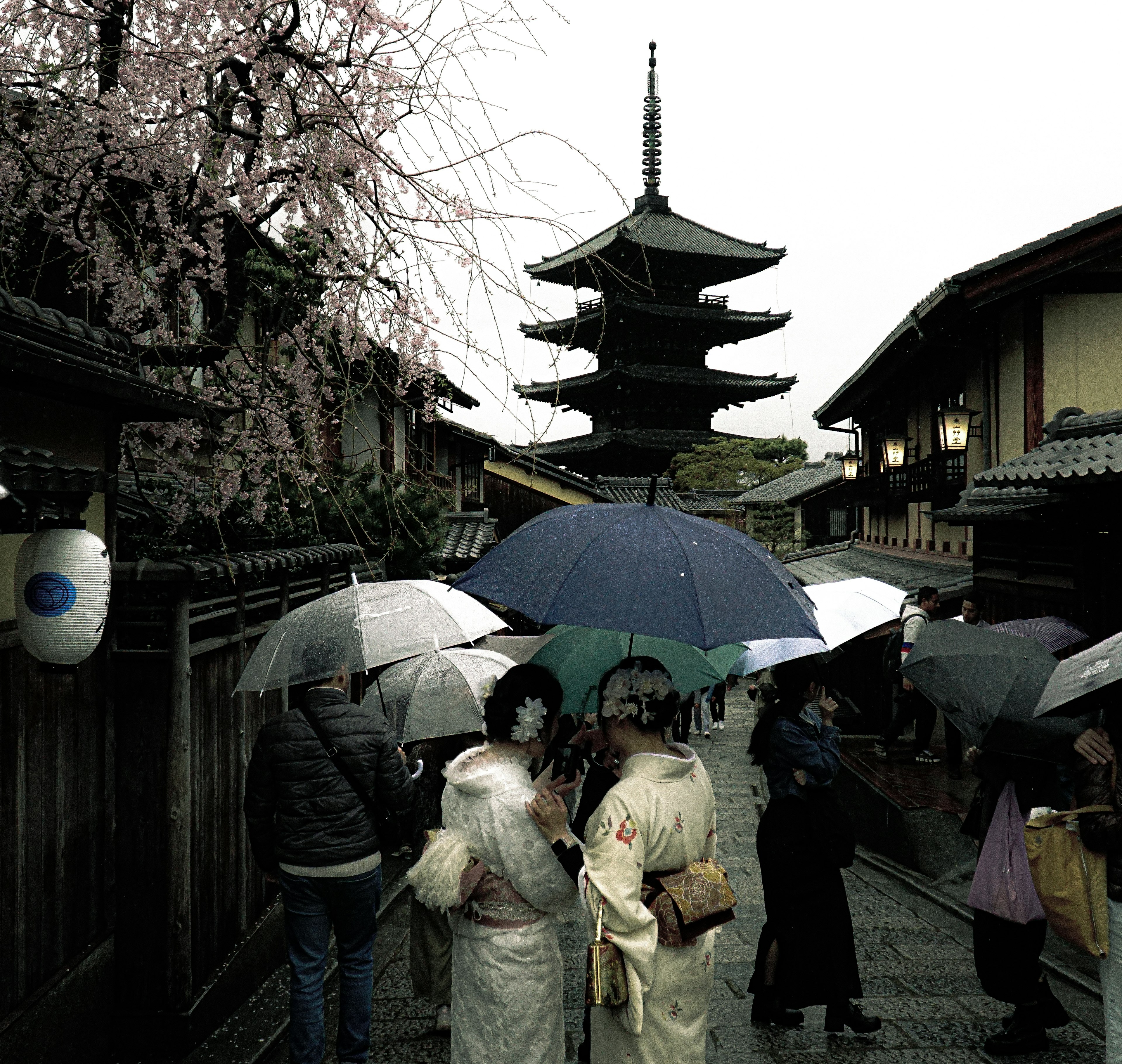 兩位穿著和服的女性在雨中撐著傘，背景是一座五層塔