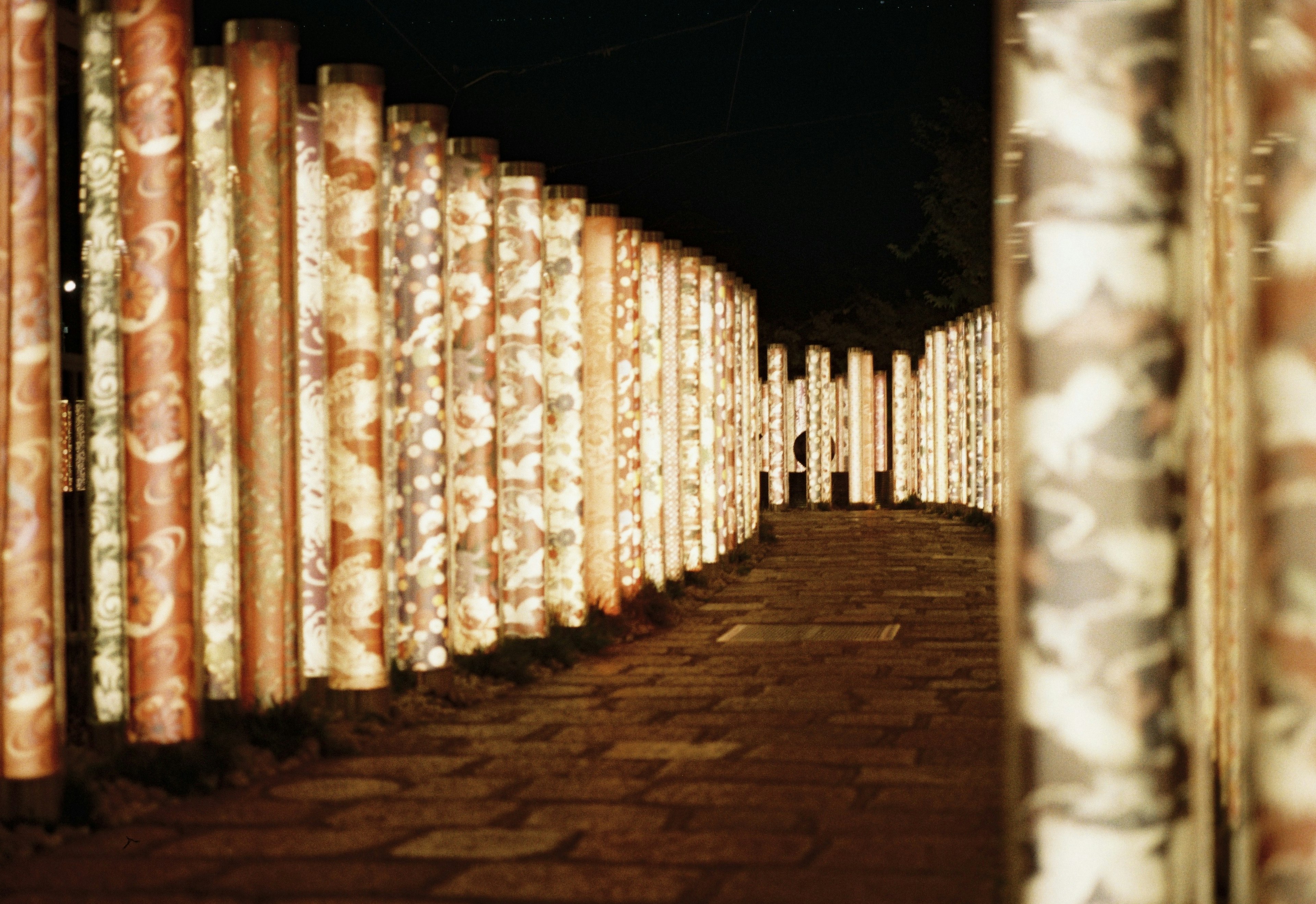 A pathway illuminated by glowing columns at night