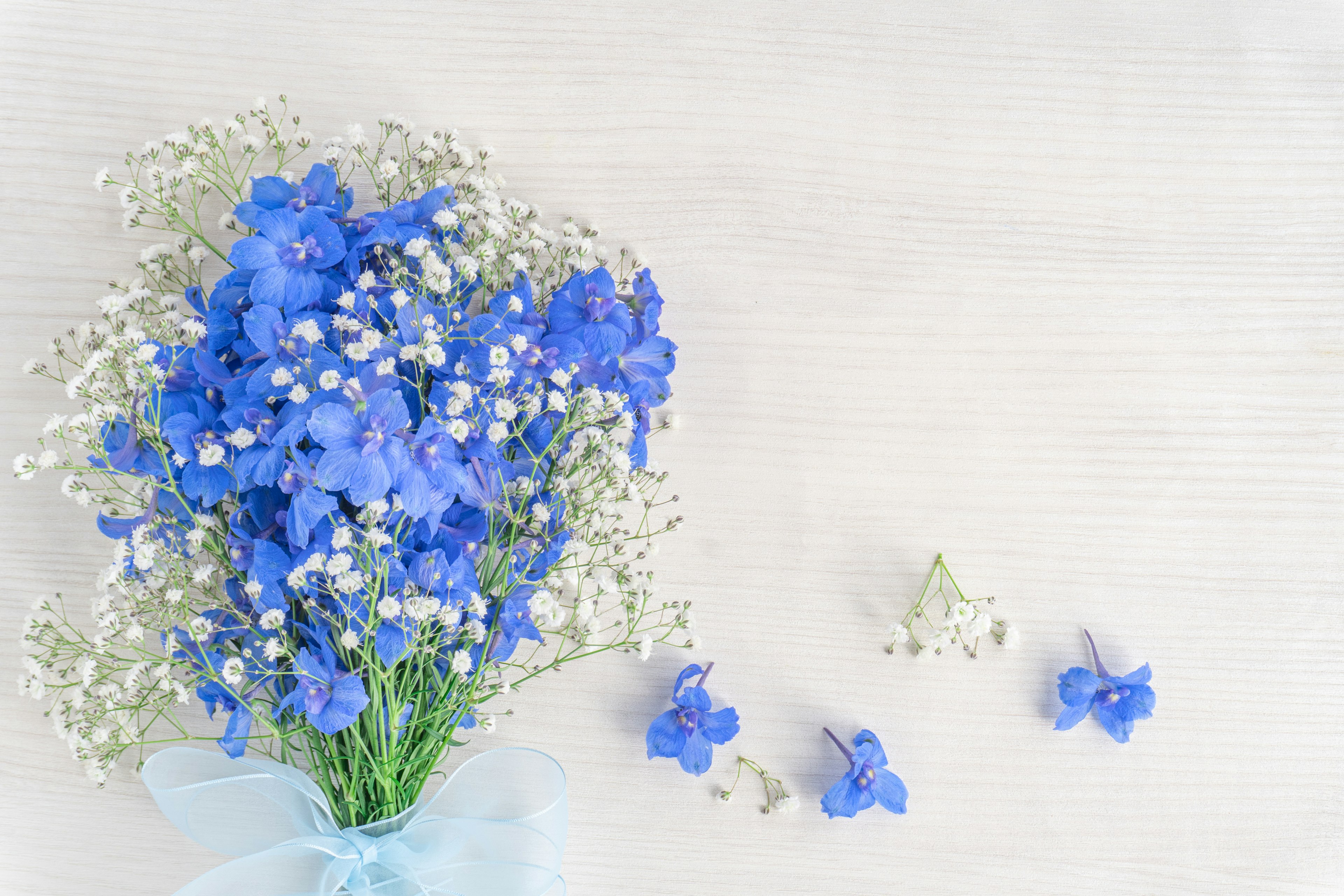 Schöne Anordnung mit einem Strauß blauer Blumen und kleinen weißen Blüten