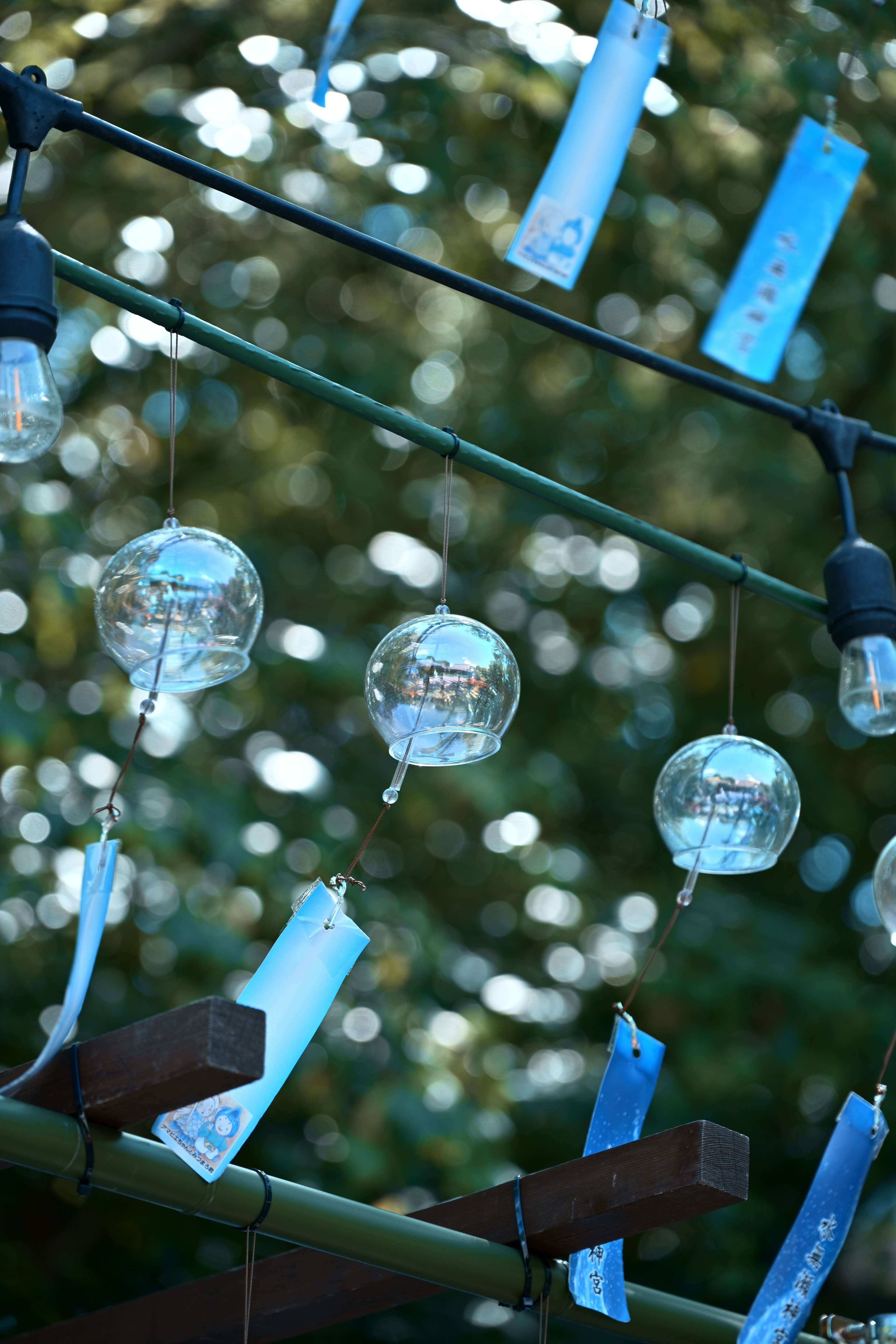 Decorative lighting featuring blue ribbons and hanging glass orbs