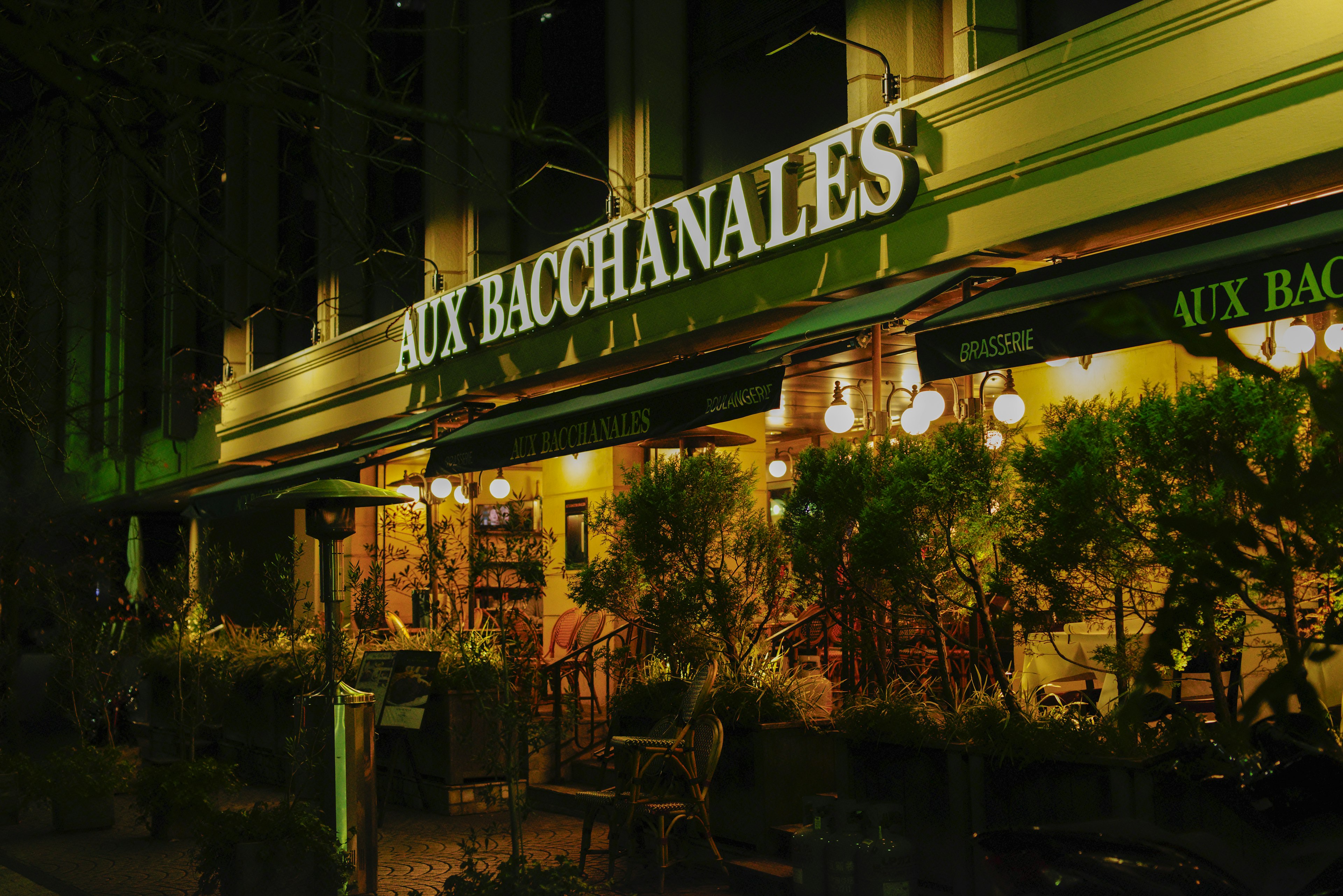 Exterior de restaurante iluminado por la noche con plantas verdes y letrero brillante