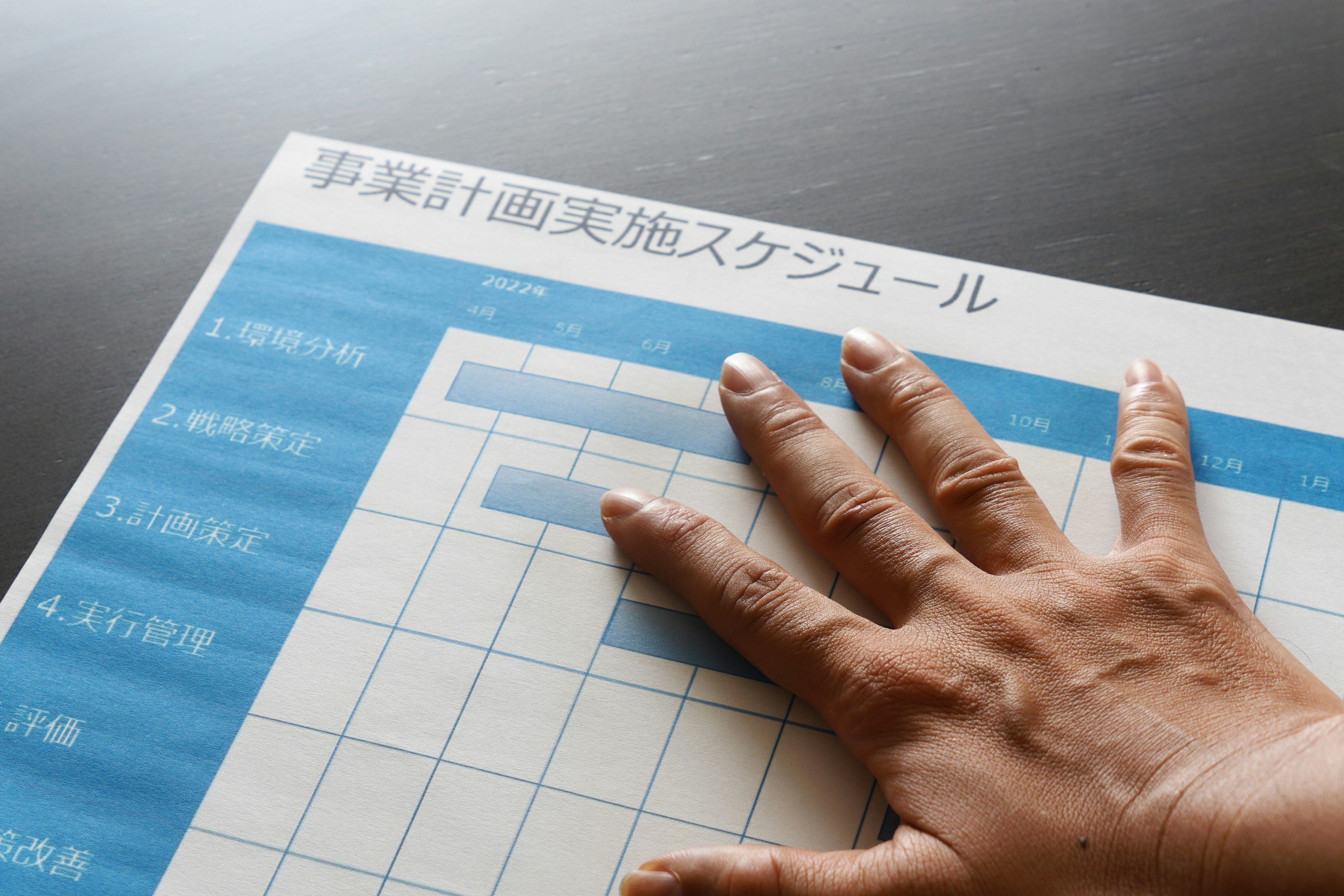 A hand resting on a blue schedule chart