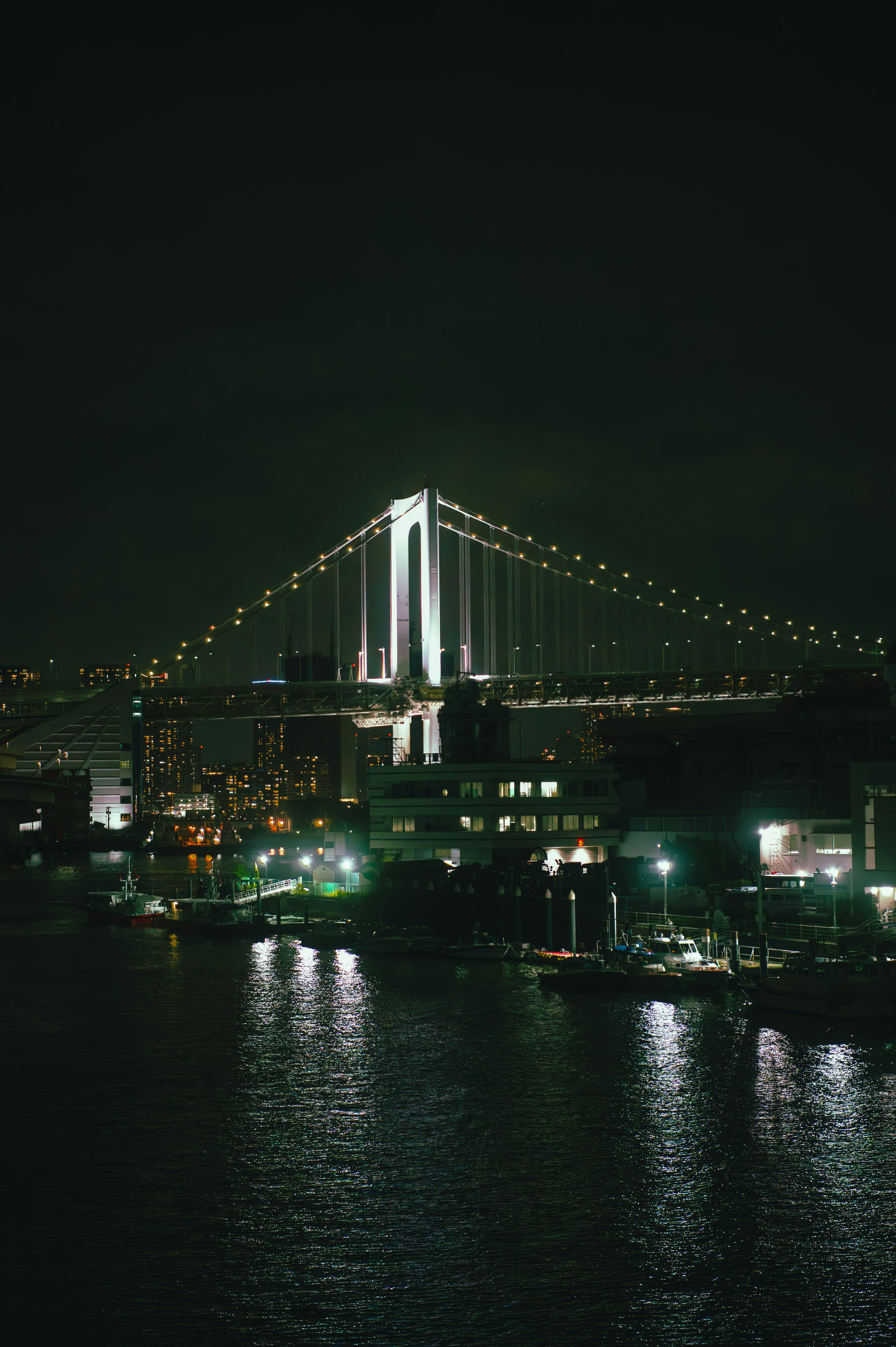 Puente Rainbow iluminado de noche con luces de la ciudad reflejándose en el agua