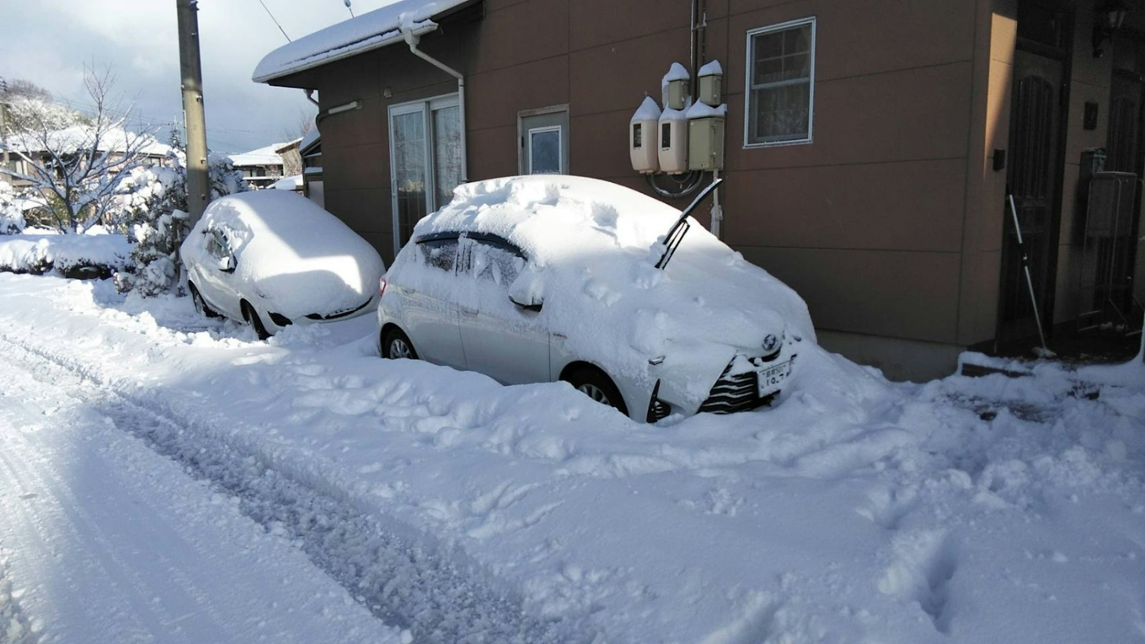 Zwei weiße Autos im Schnee begraben mit einer verschneiten Landschaft um sie herum