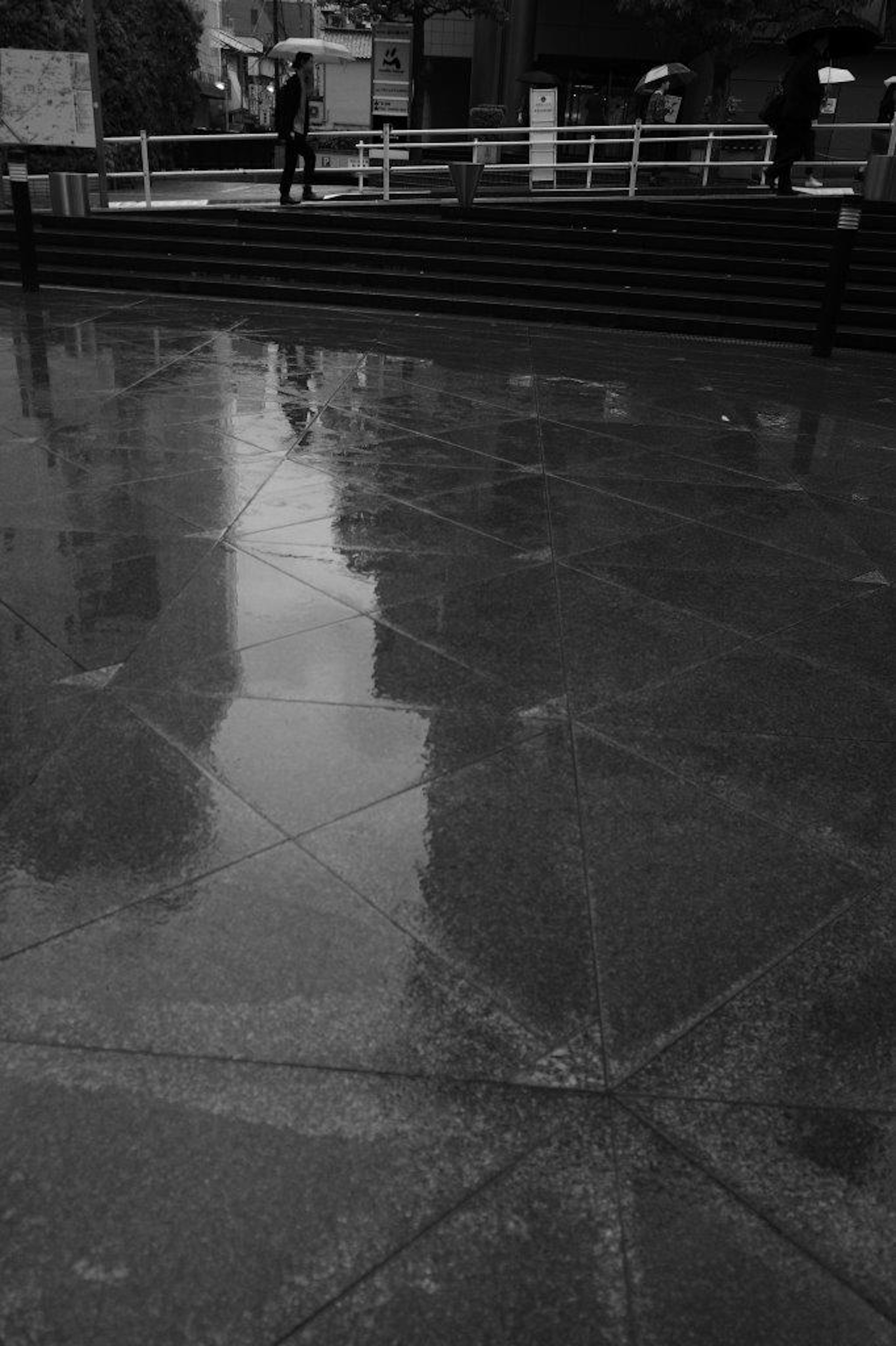 Pavimento empapado por la lluvia reflejando sombras en un entorno monocromático