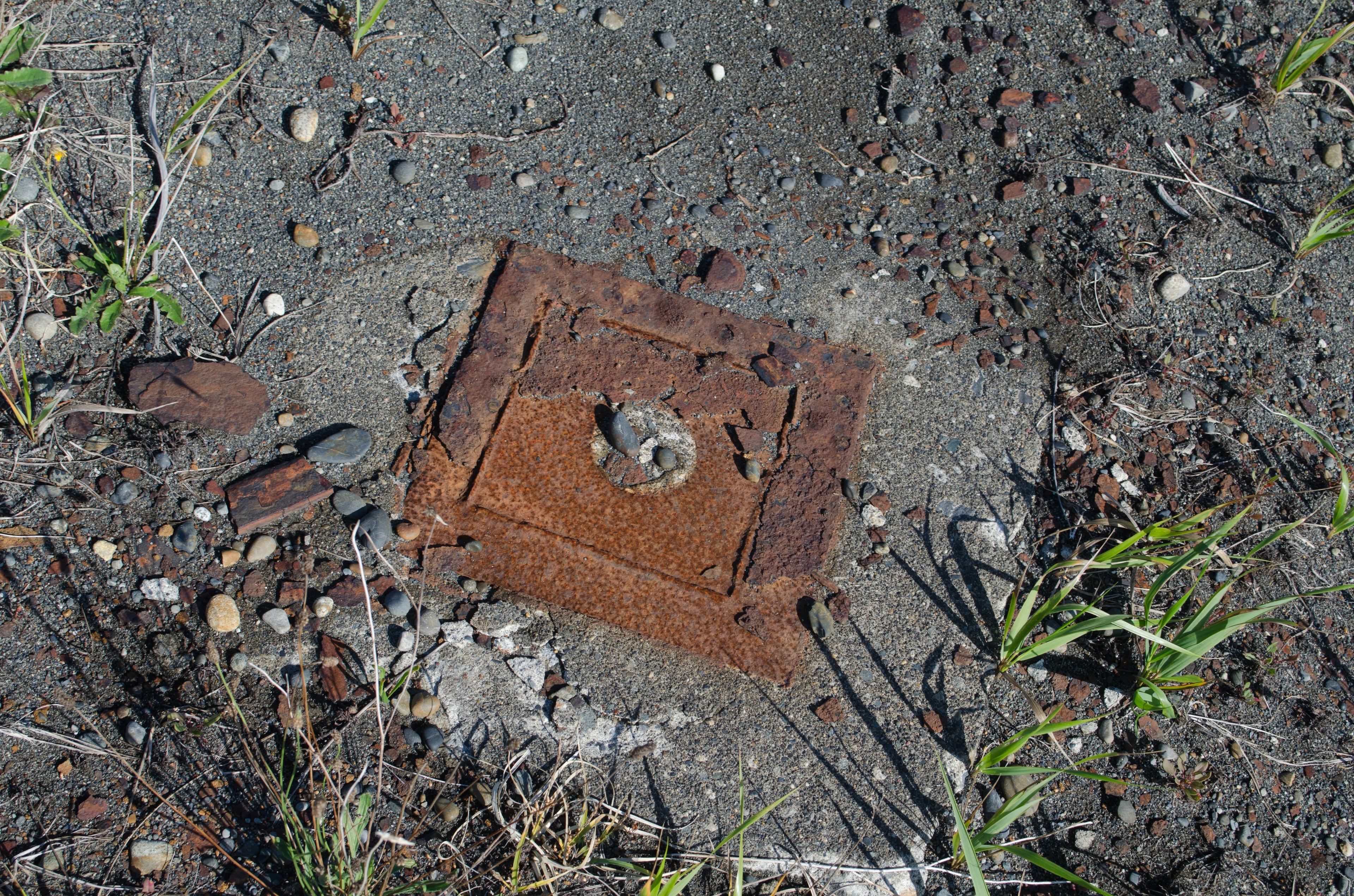 Ancienne plaque métallique rouillée partiellement enfouie dans l'herbe et la terre