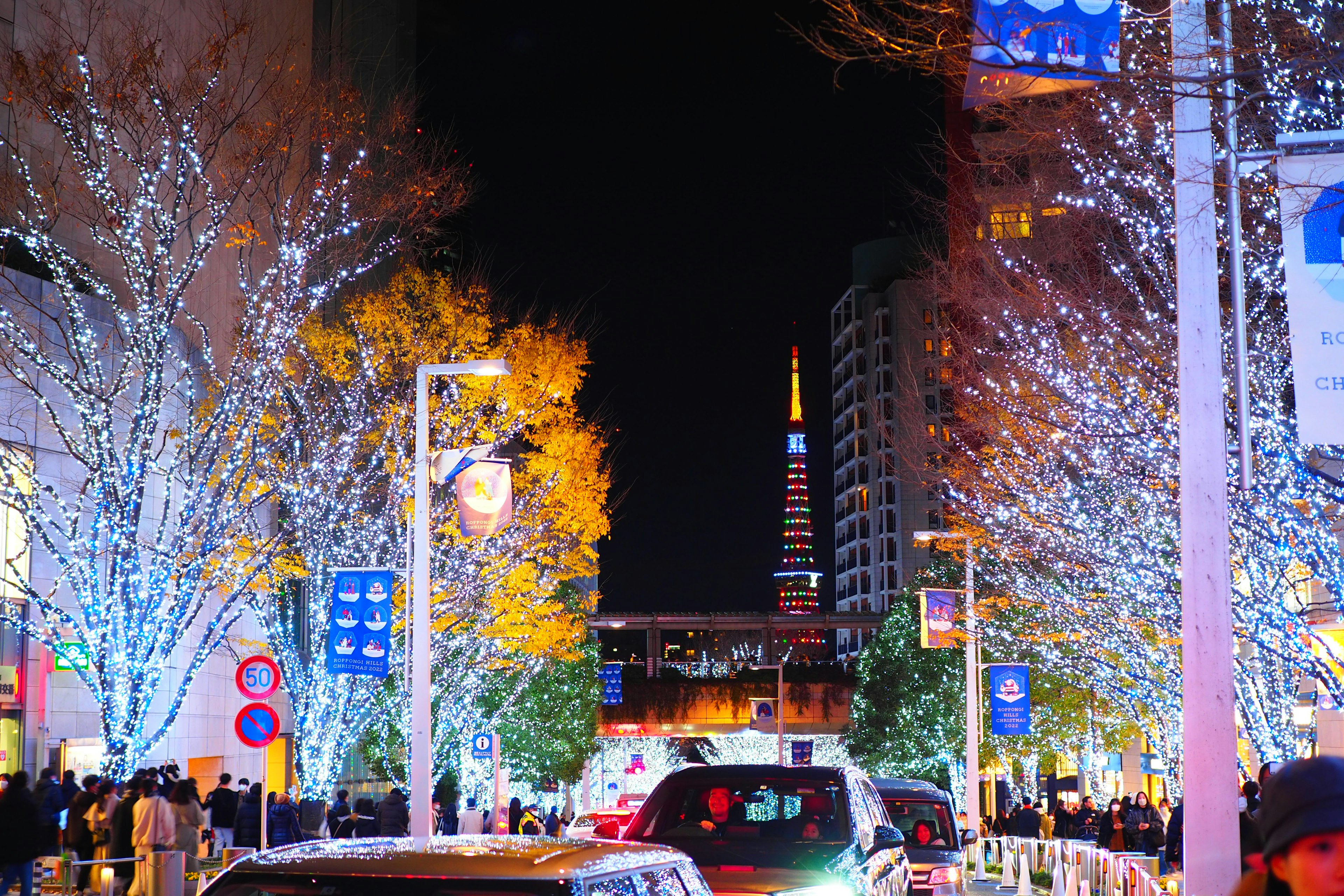 Vista nocturna de una calle iluminada con la Torre de Tokio al fondo