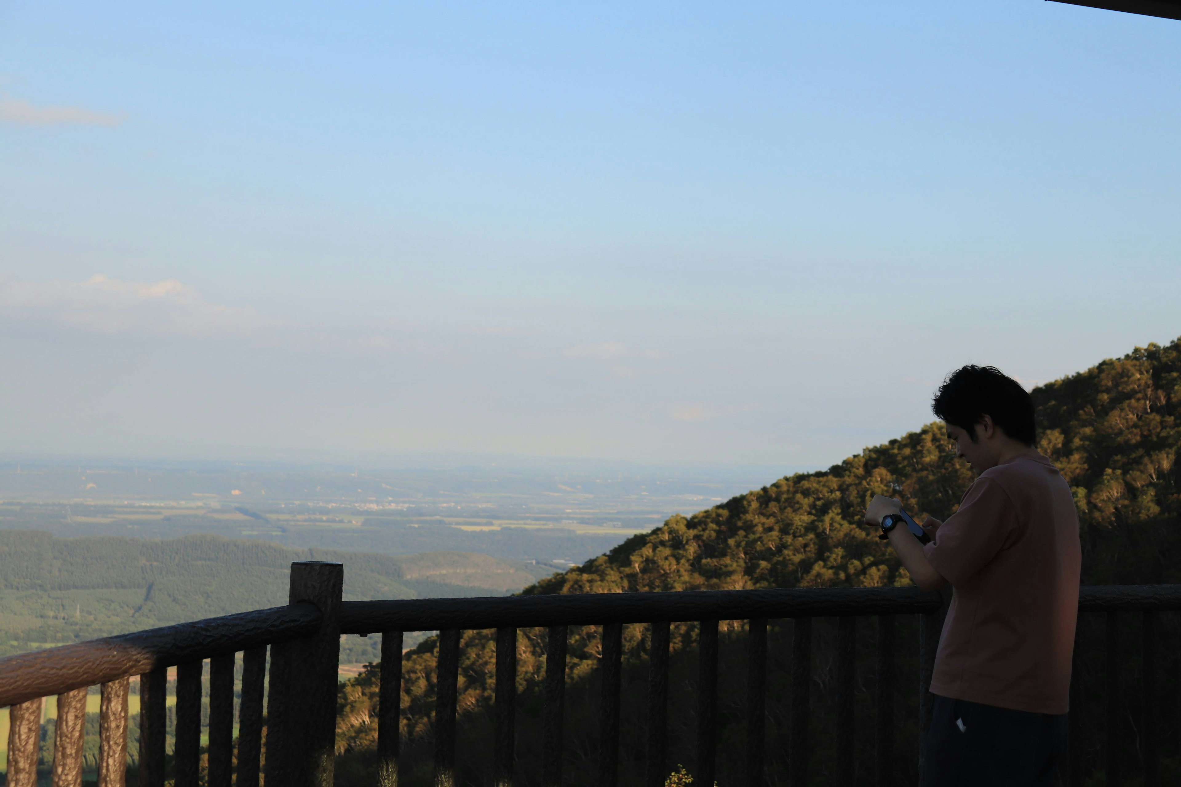 Persona che usa uno smartphone in un punto panoramico di montagna