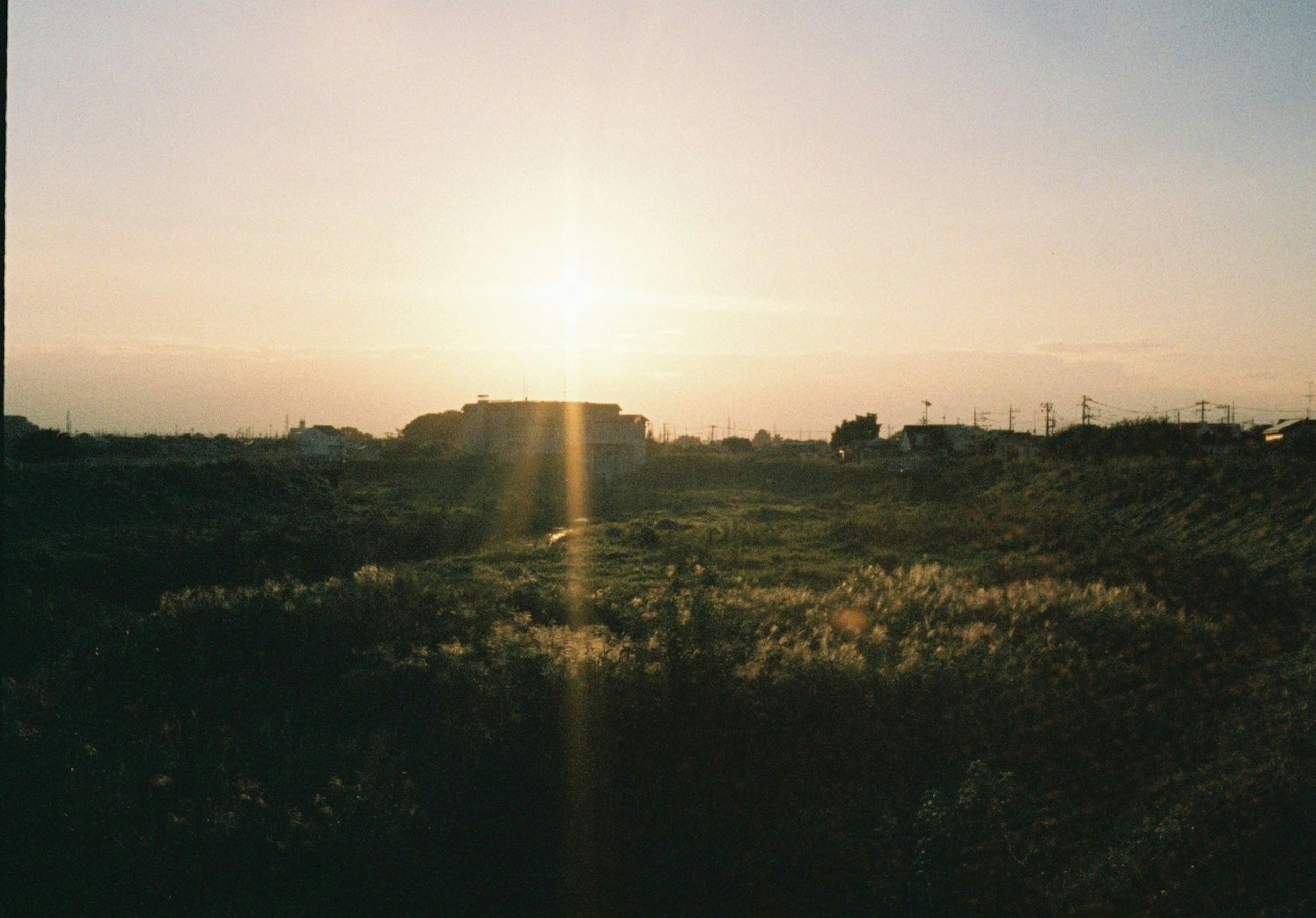 Paesaggio con un tramonto splendente su campi erbosi