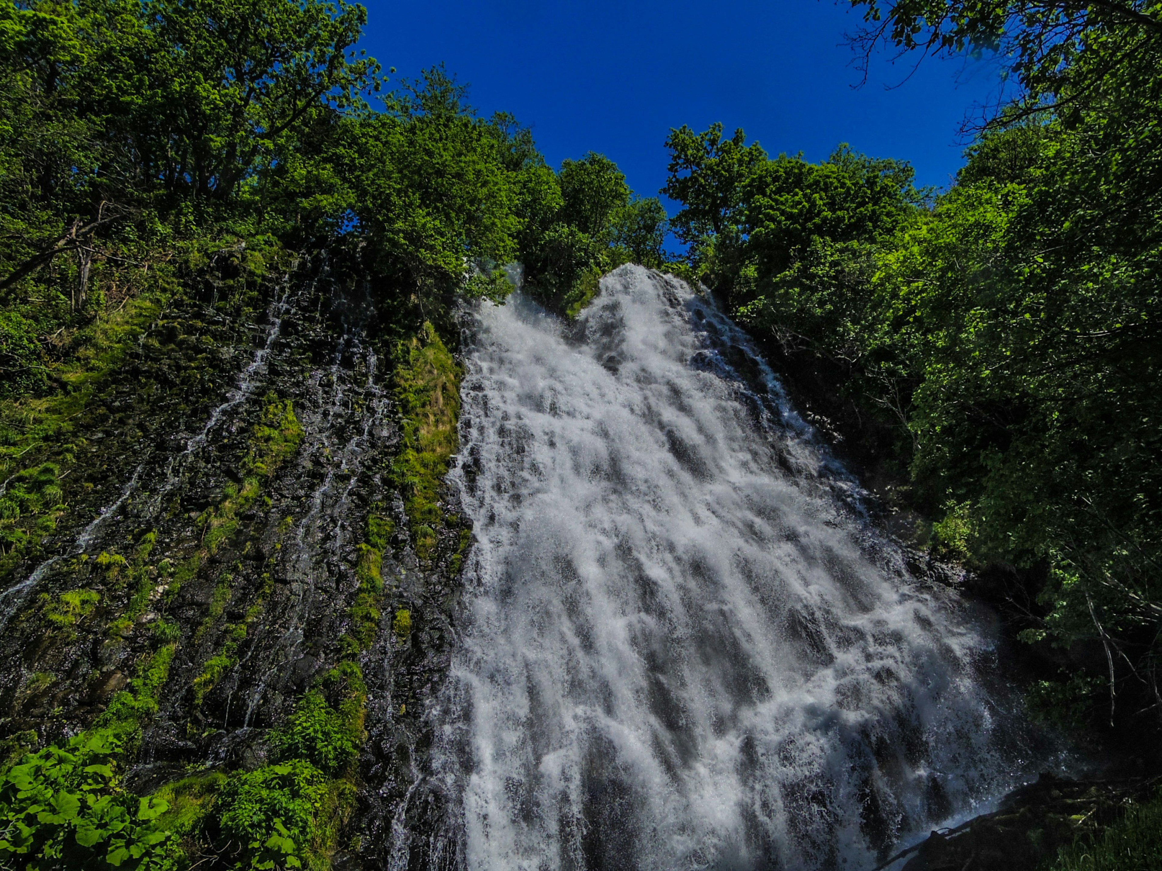 Une belle cascade entourée de verdure luxuriante avec un ciel bleu clair